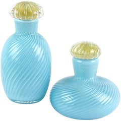 Murano Signed 1985 Light Blue Gold Leaf Stopper Italian Art Glass Vanity Bottles