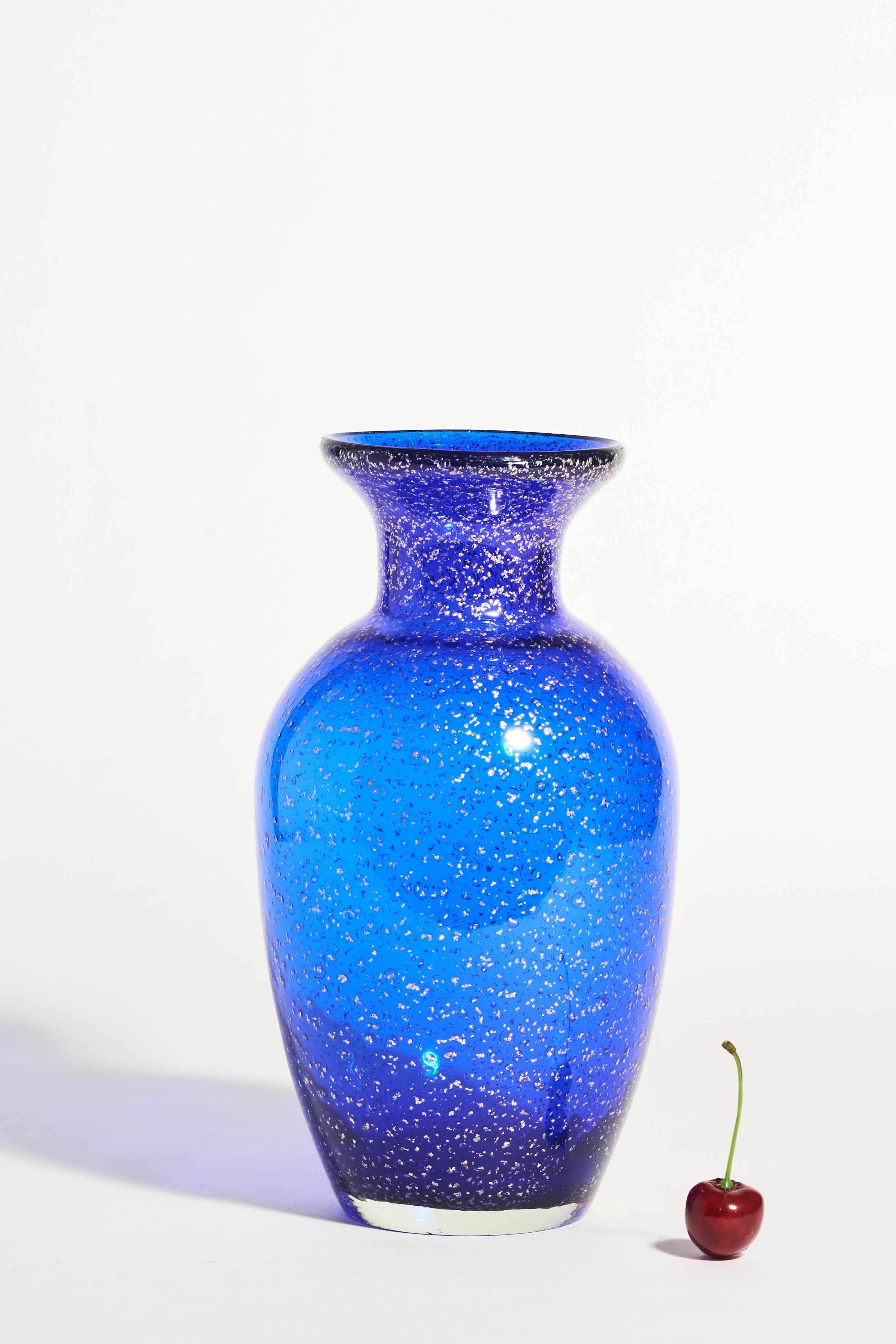 Classic urn shaped signed Murano vase in silver flecked cobalt blue glass.