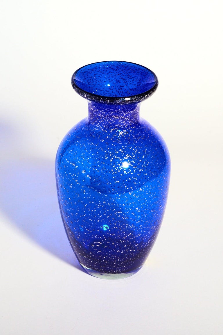 Murano Signed Silver Flecked Cobalt Vase For Sale at 1stDibs