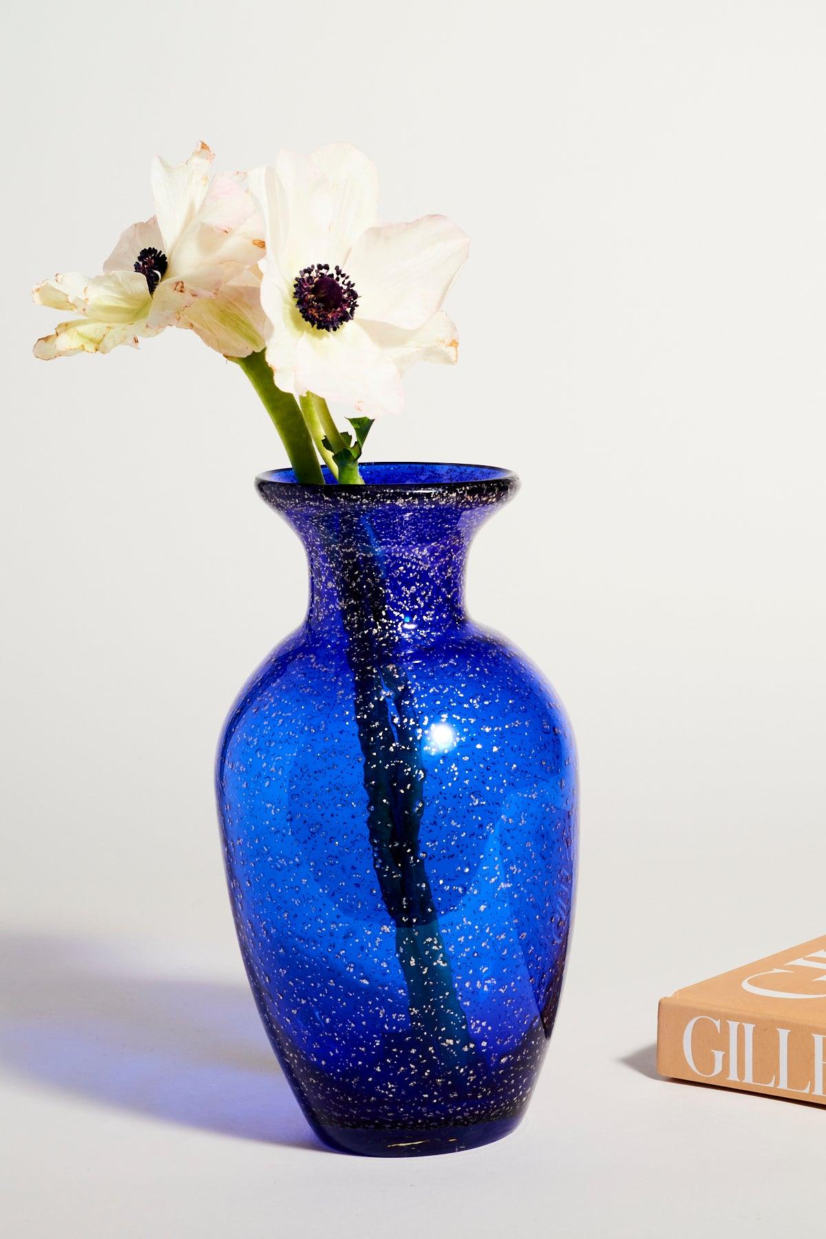 Murano Glass Murano Signed Silver Flecked Cobalt Vase
