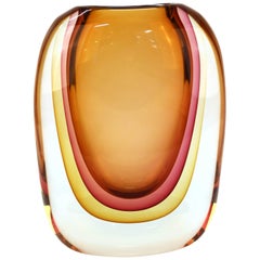 Murano Signed Sommerso Glass Vase in Tricolore Color