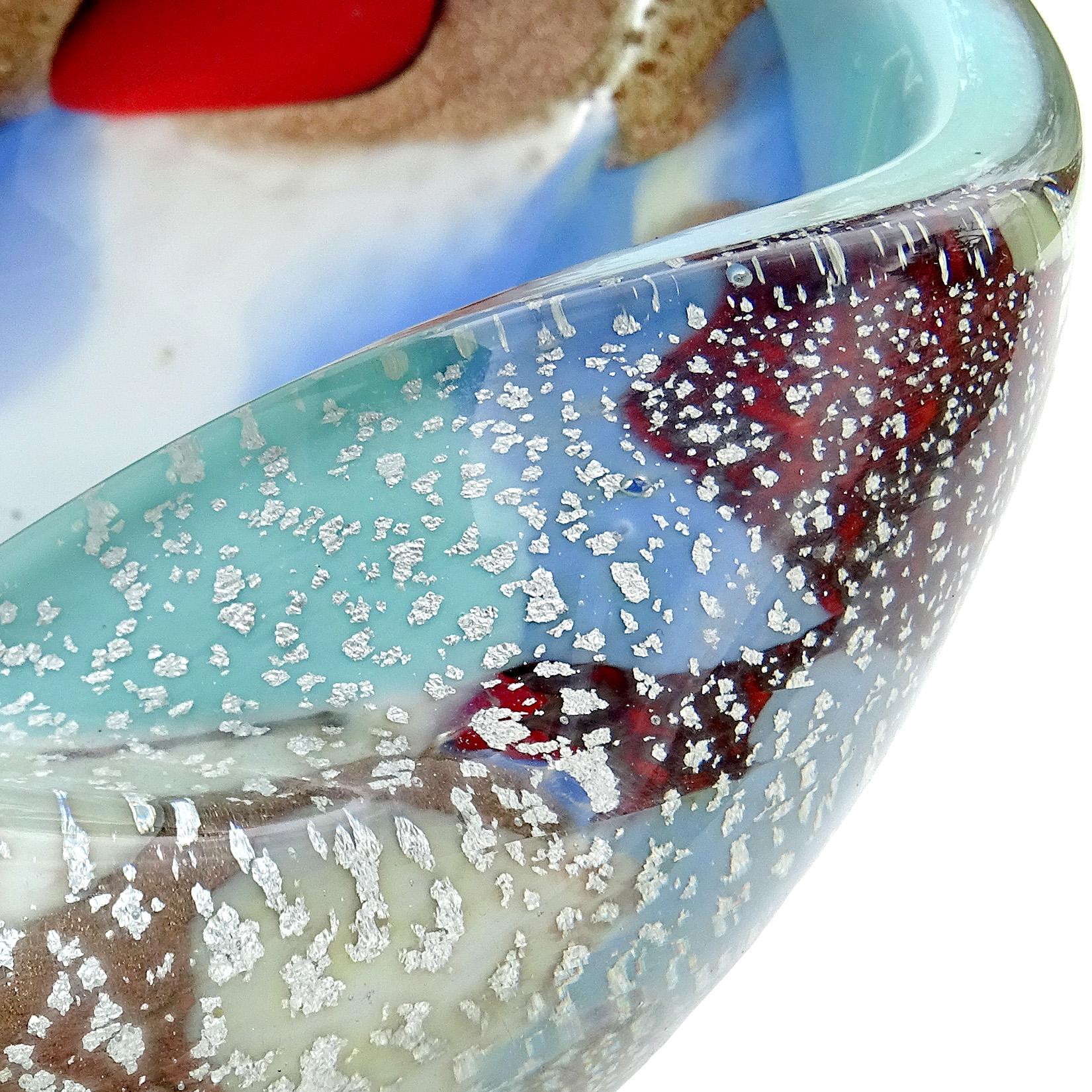 Mid-Century Modern Murano Silver Flecks Blue Red Teal Multi-Color Patches Italian Art Glass Bowl