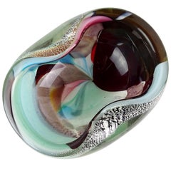 Murano Silver Flecks Blue Pink Teal Multi-Color Patches Italian Art Glass Bowl