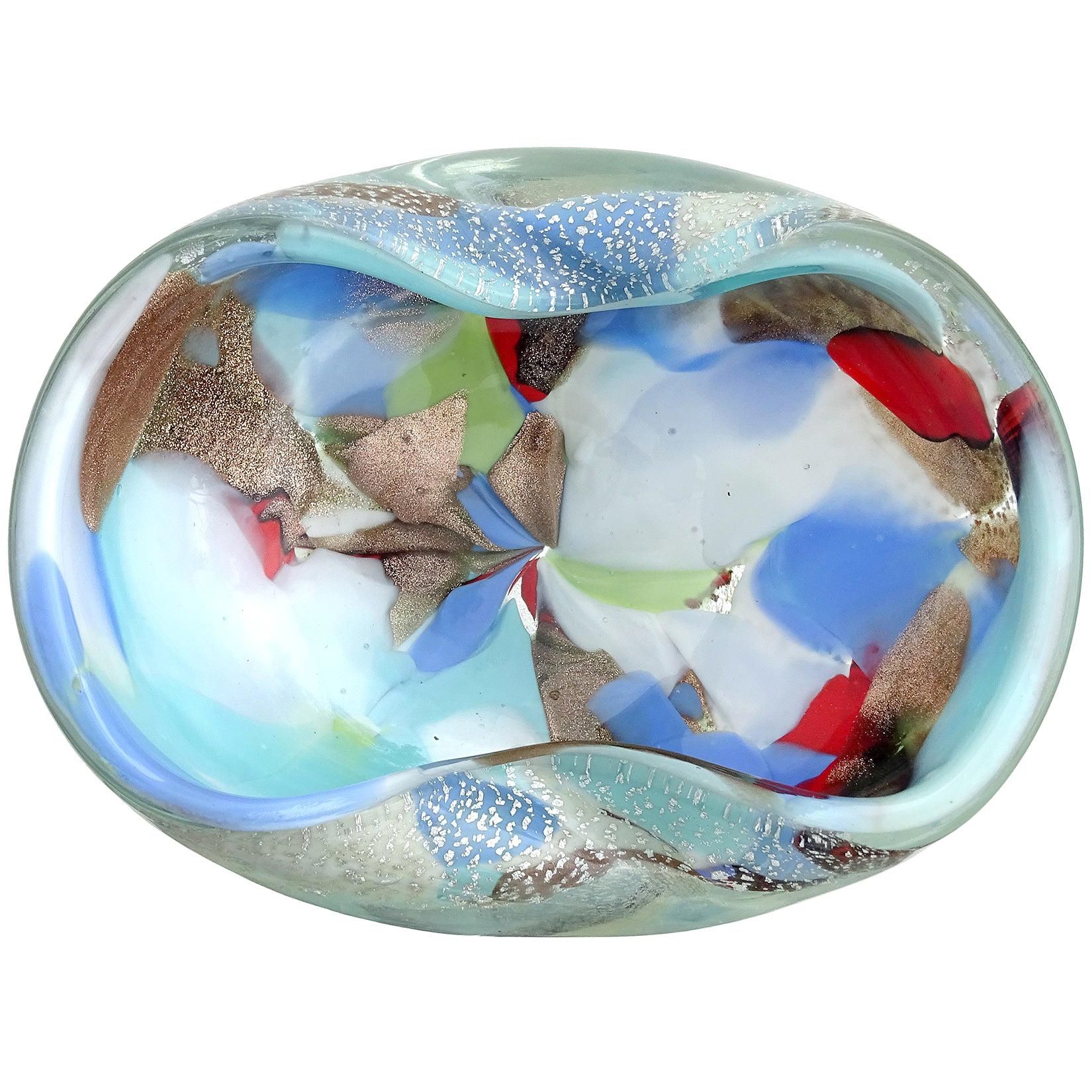 Murano Silver Flecks Blue Red Teal Multi-Color Patches Italian Art Glass Bowl