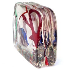 Murano Silver Striped Fish and Coral Italian Art Glass Aquarium Block Sculpture