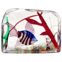 Murano Silver Striped Fish and Coral Italian Art Glass Aquarium Block Sculpture