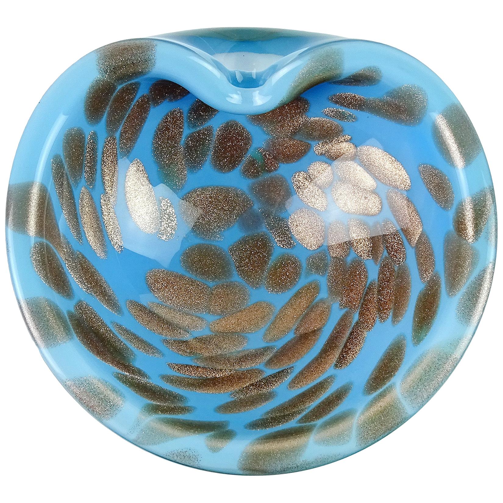 Bol décoratif en verre d'art italien de Murano, bleu ciel, cuivre et mouchetures d'aventurine