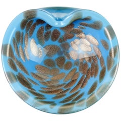 Retro Murano Sky Blue Copper Aventurine Flecks Italian Art Glass Decorative Bowl Dish