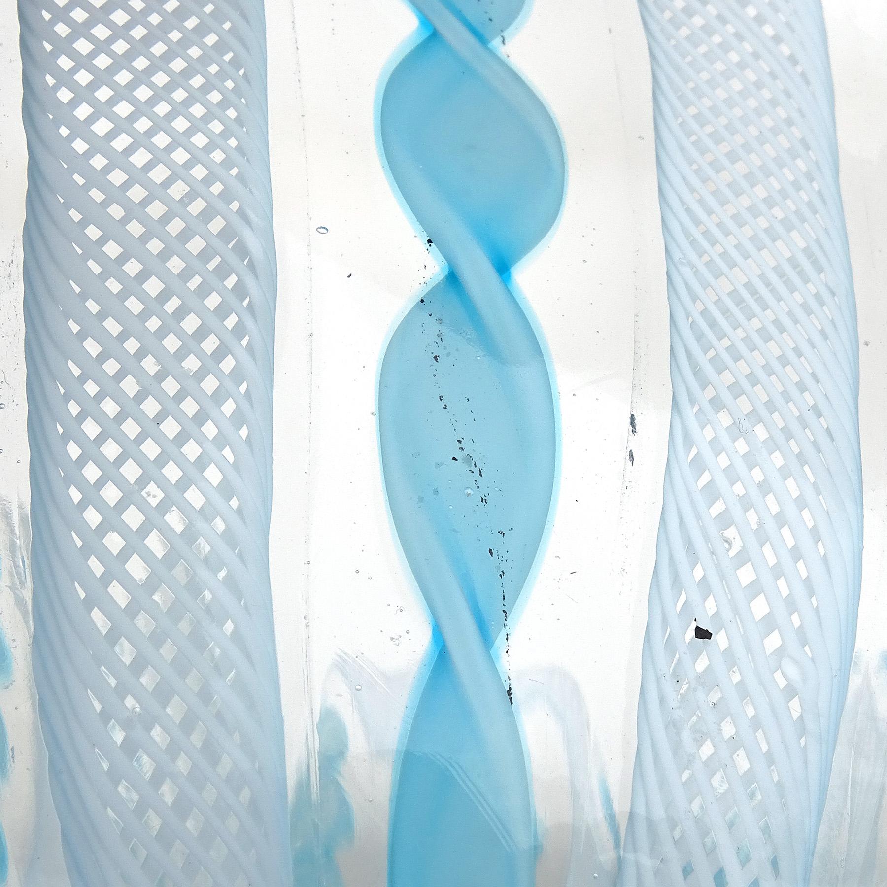 Murano Sky Blue White Zanfirico Ribbons Italian Art Glass Fazzoletto Flower Vase For Sale 4
