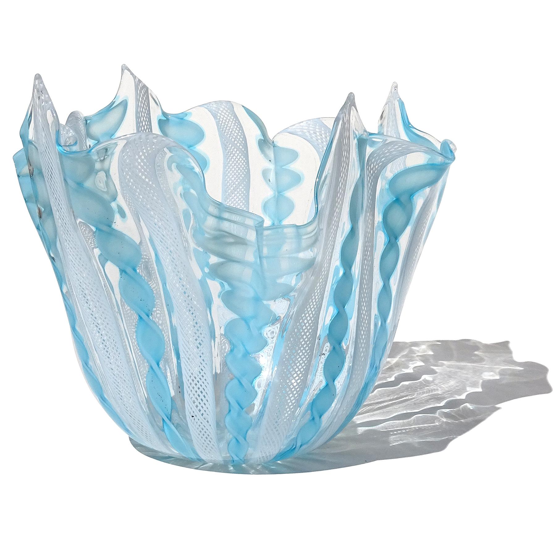 Hand-Crafted Murano Sky Blue White Zanfirico Ribbons Italian Art Glass Fazzoletto Flower Vase For Sale