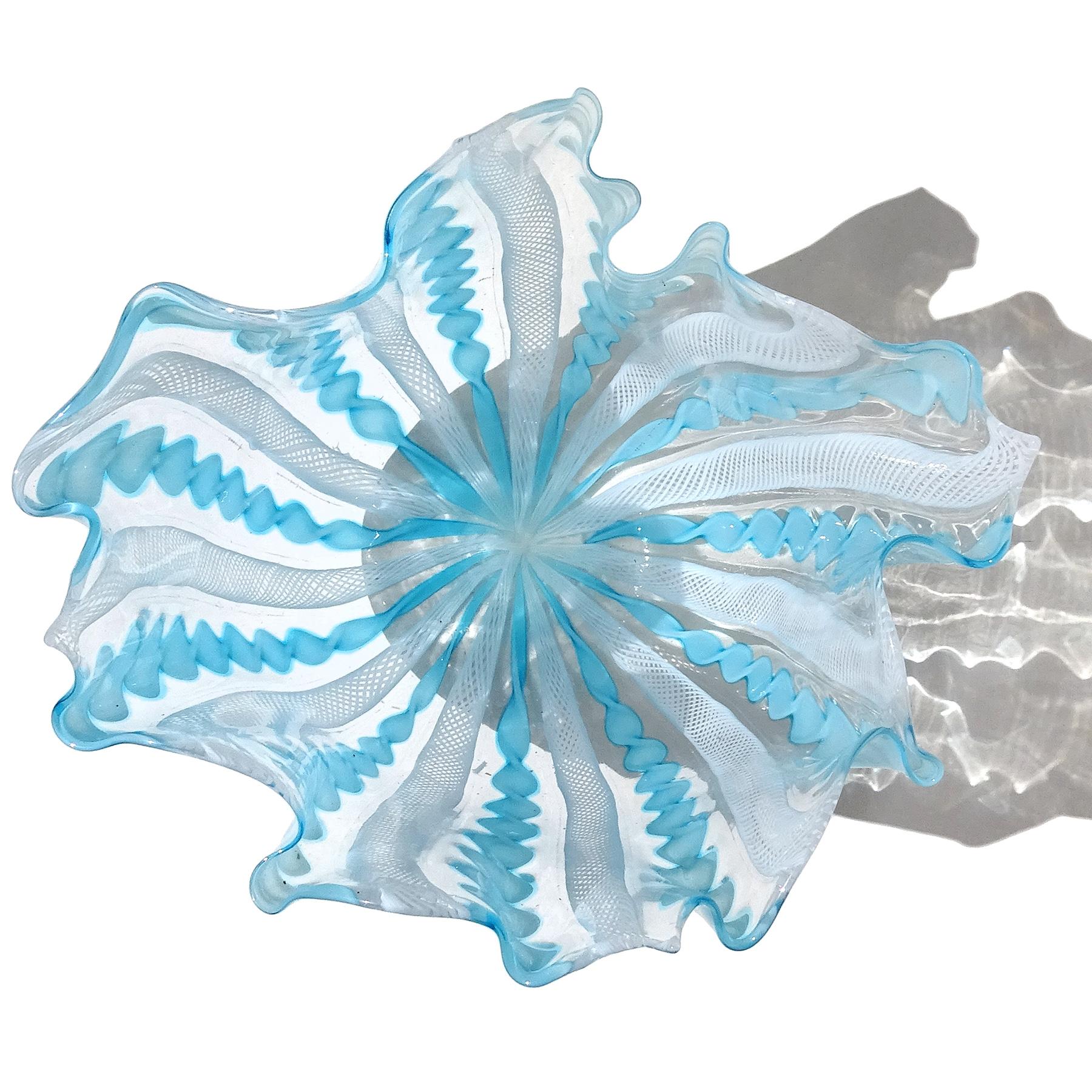 20th Century Murano Sky Blue White Zanfirico Ribbons Italian Art Glass Fazzoletto Flower Vase