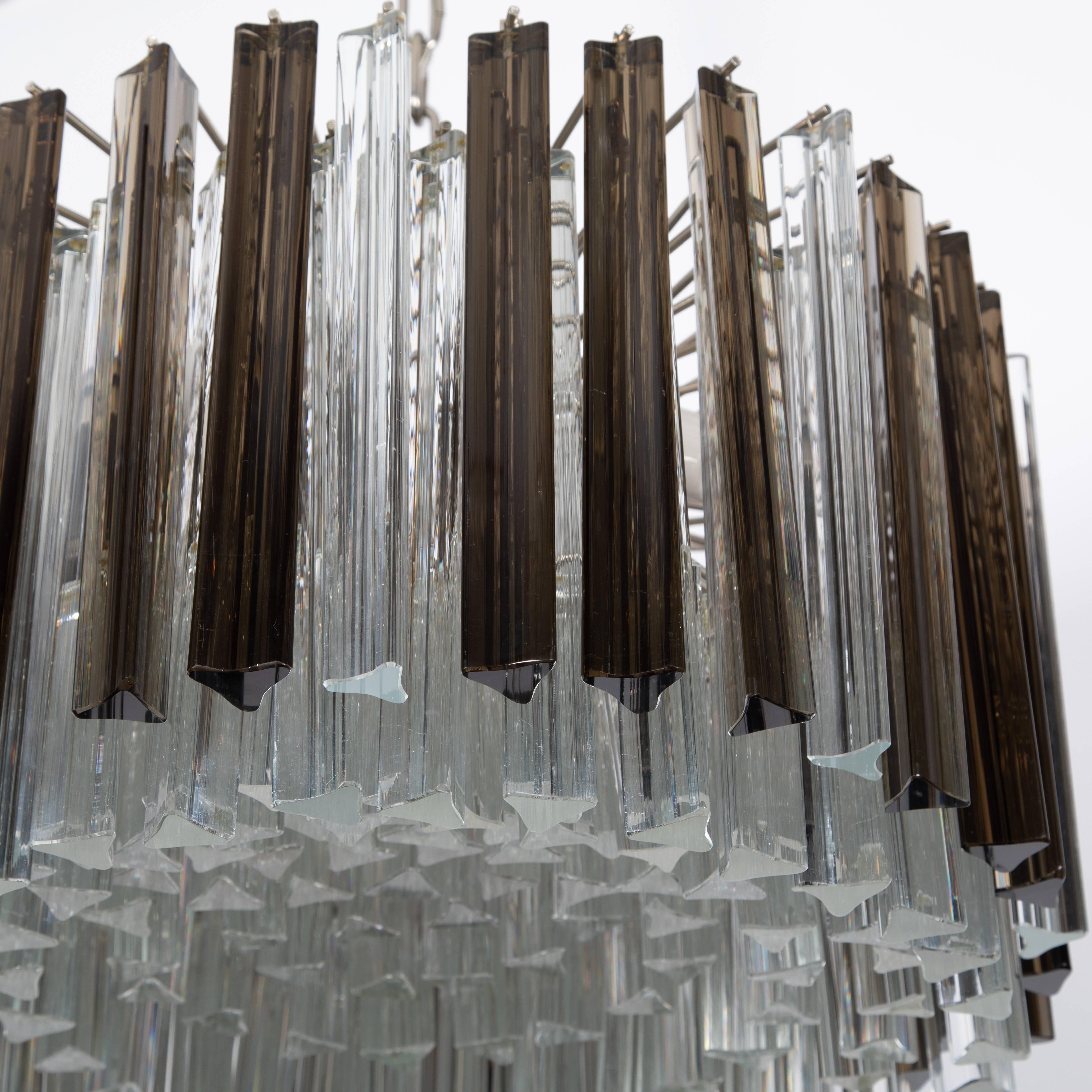 Brushed Murano Smoke and Clear Prism Chandelier, circa 1970s For Sale
