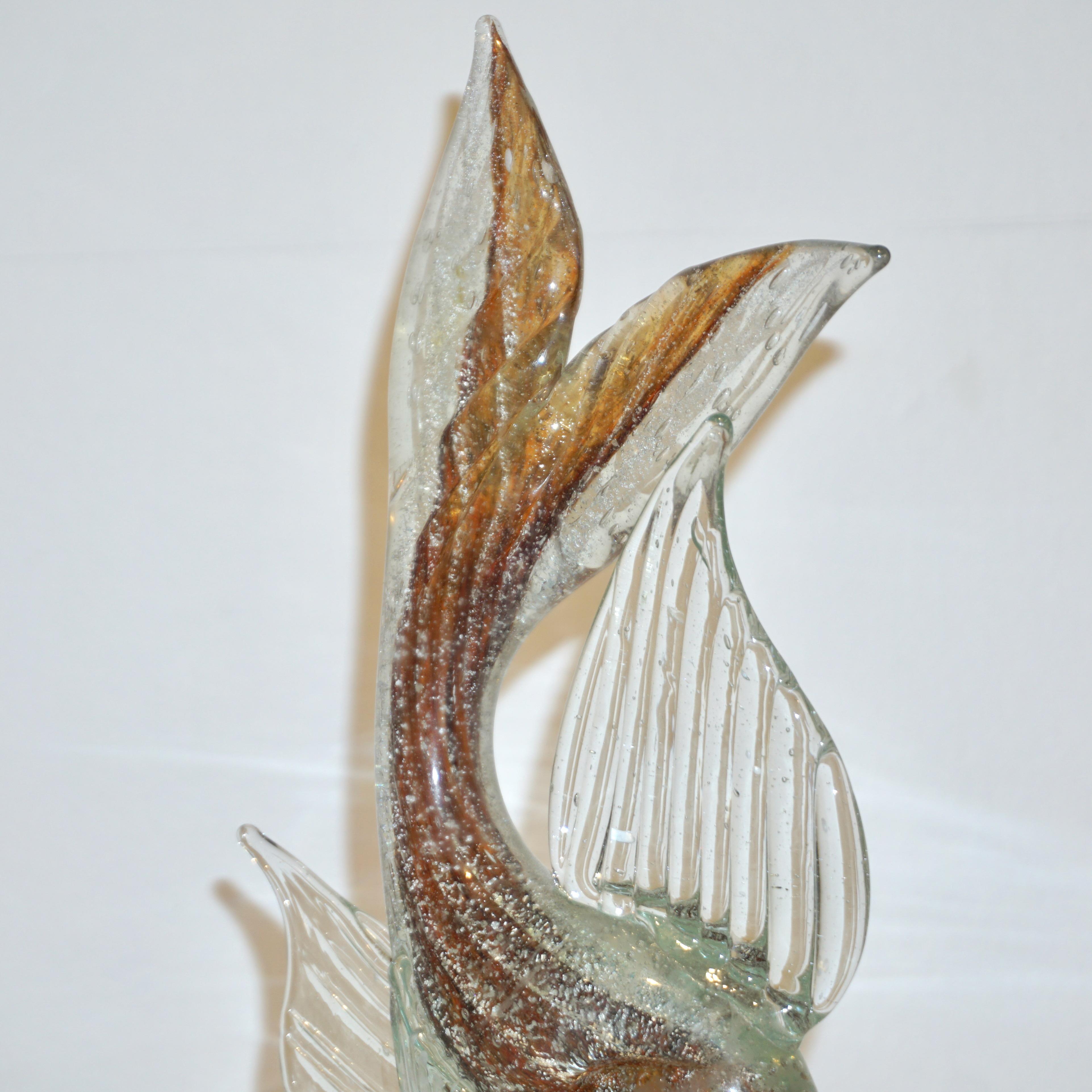 Murano Sommerso Amber and Silver Flecks Art Glass Fish Sculpture For Sale 1