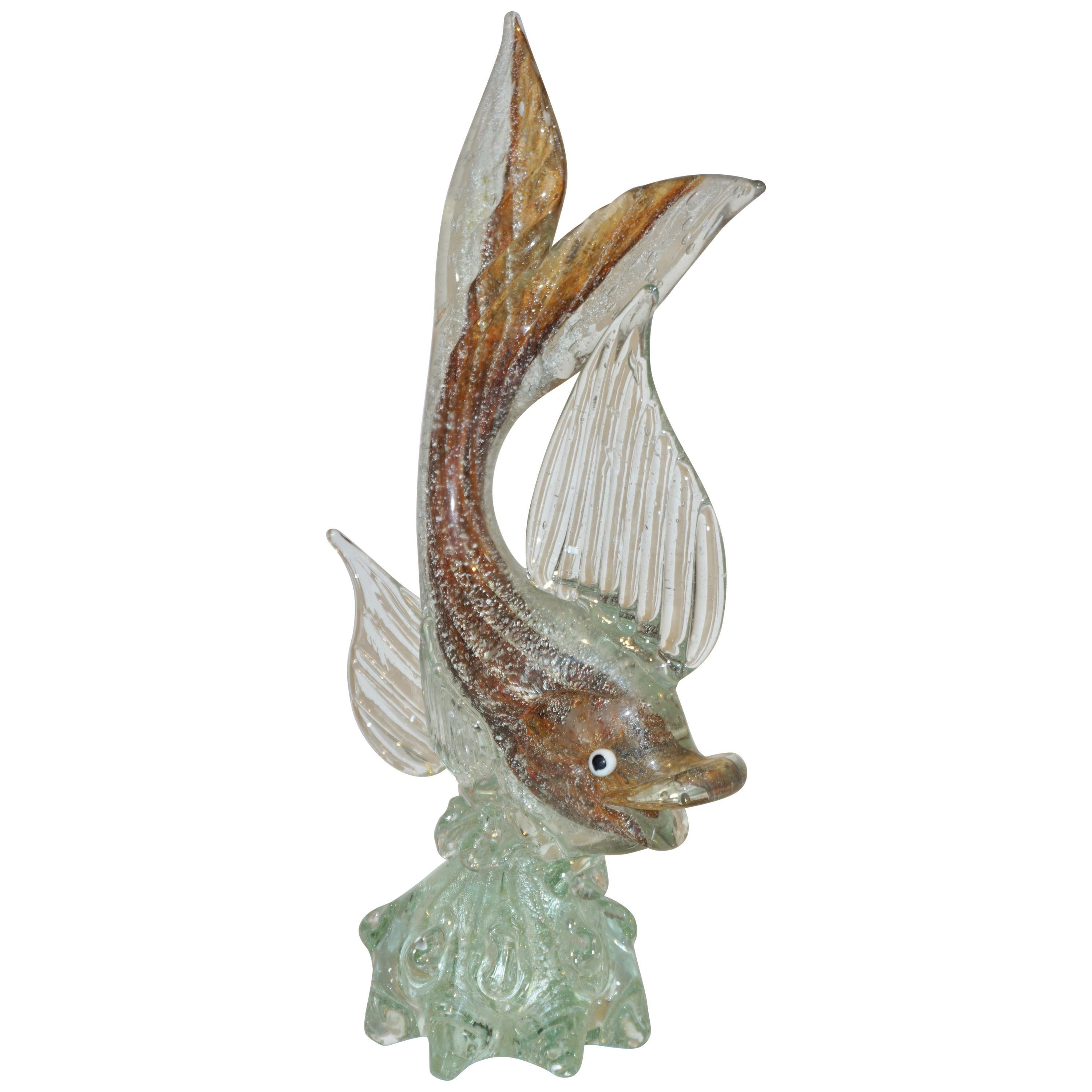 Murano Sommerso Amber and Silver Flecks Art Glass Fish Sculpture