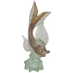 Murano Sommerso Amber and Silver Flecks Art Glass Fish Sculpture