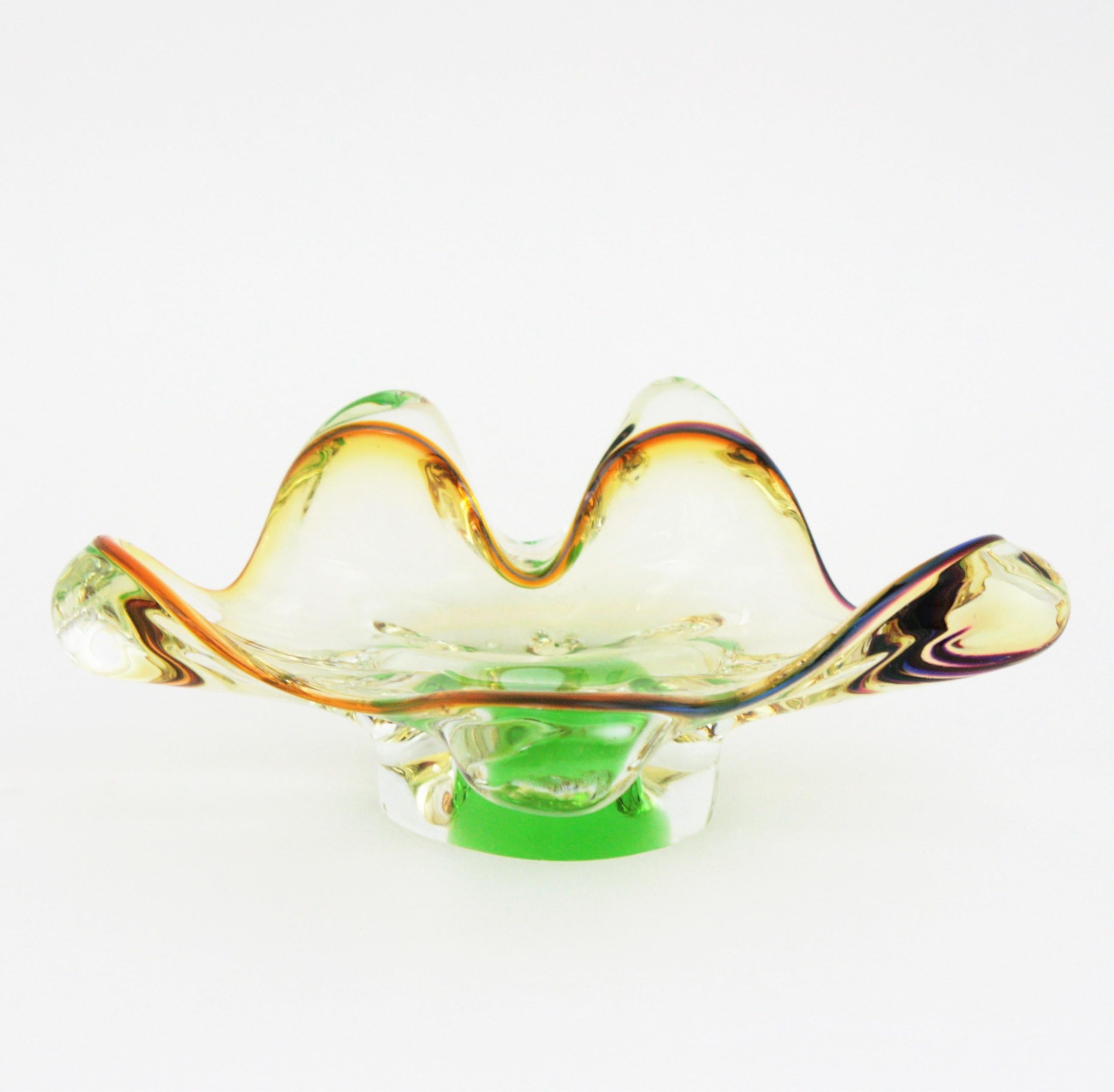 Seguso Murano Sommerso Amber Clear Green Organic Art Glass Bowl For Sale 5