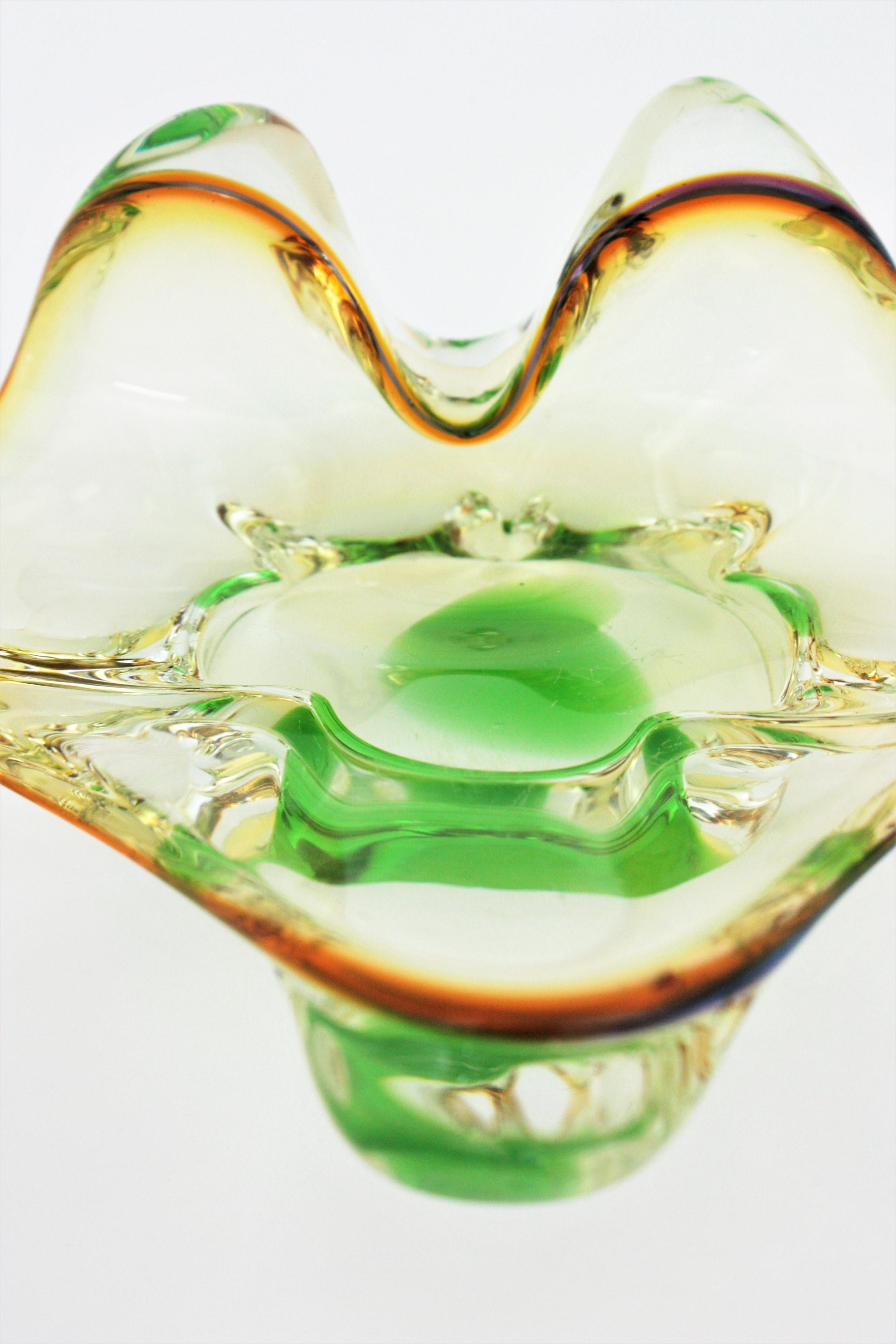 Seguso Murano Sommerso Amber Clear Green Organic Art Glass Bowl For Sale 8