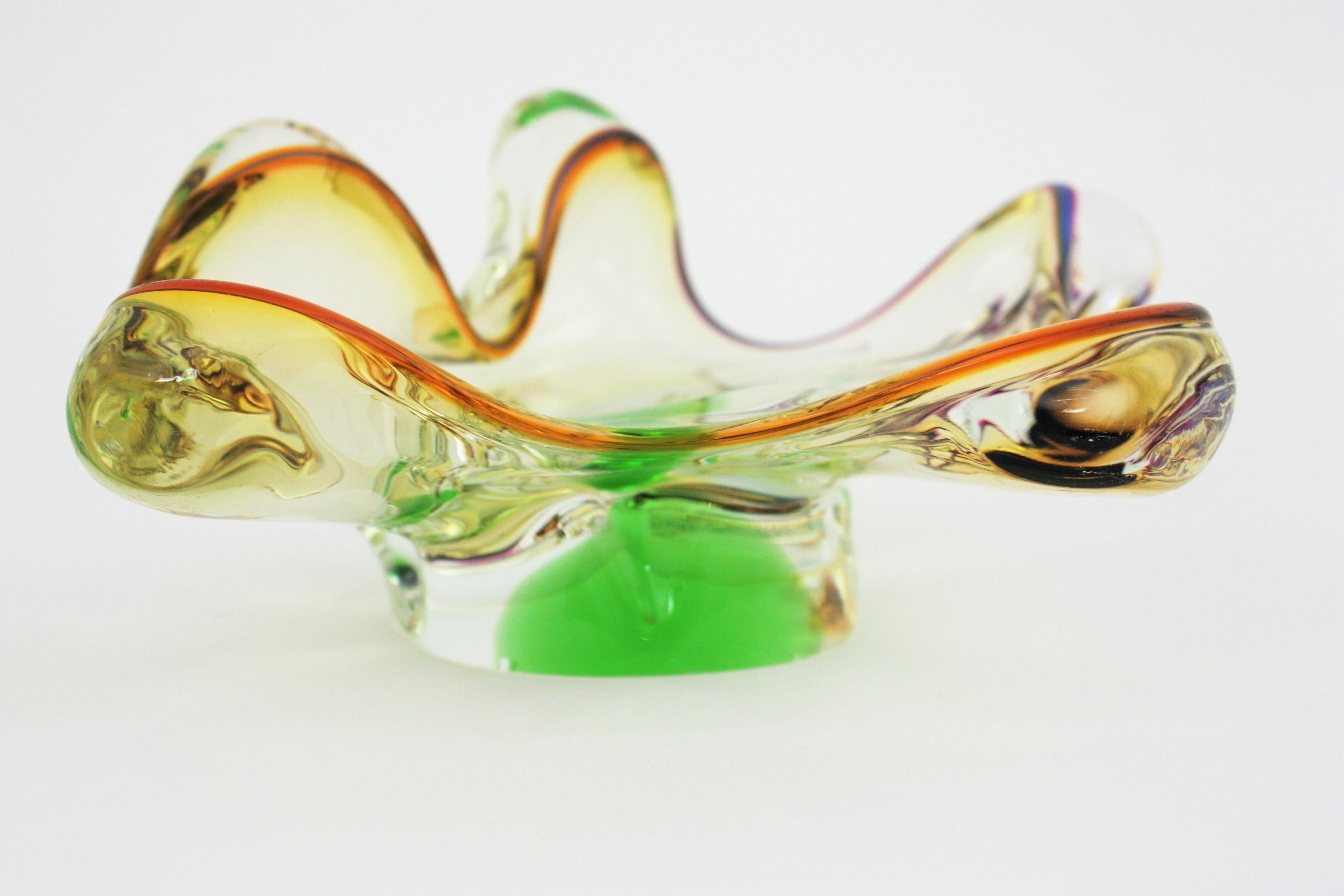 Seguso Murano Sommerso Amber Clear Green Organic Art Glass Bowl For Sale 9