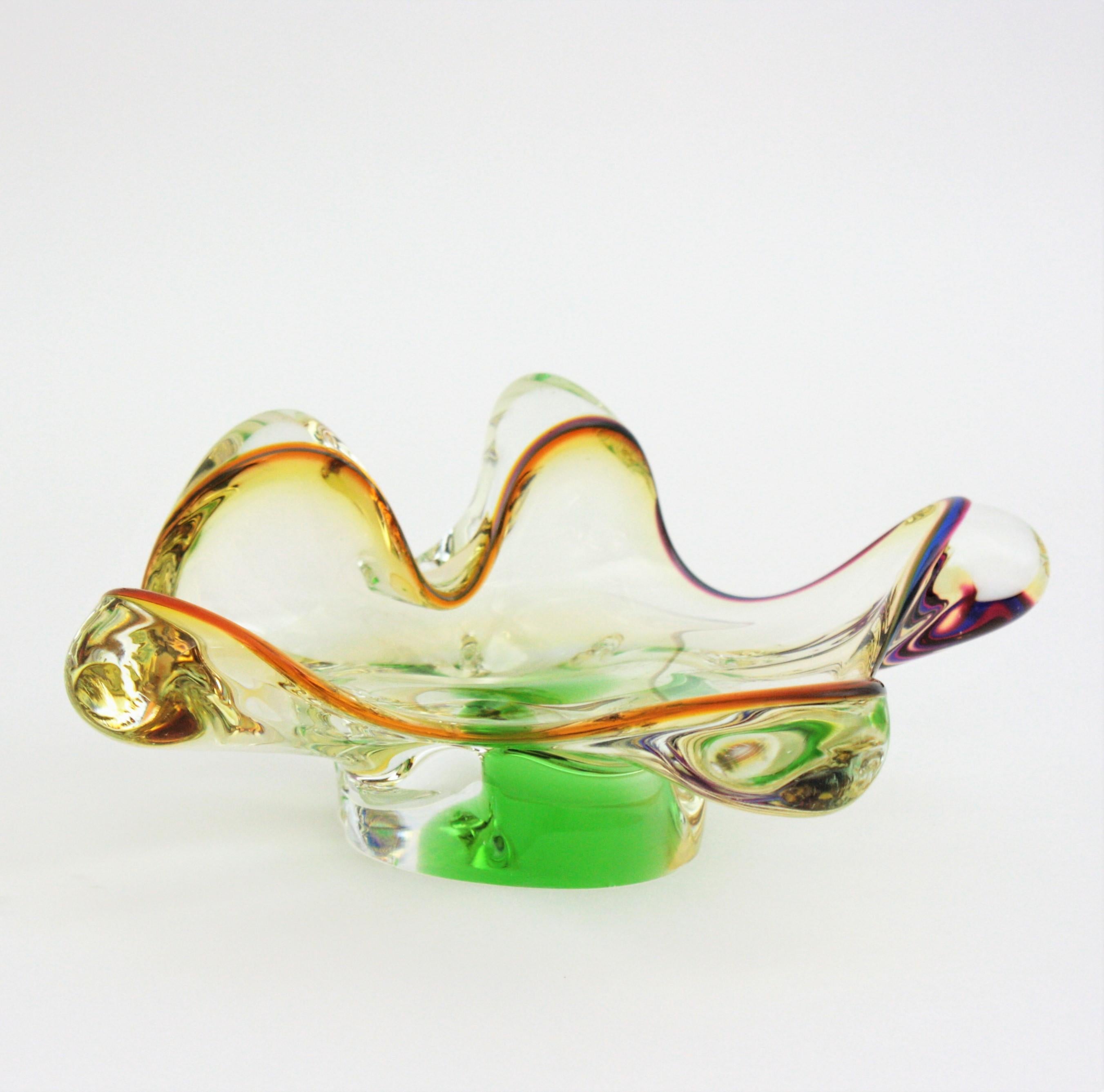 Seguso Murano Sommerso Amber Clear Green Organic Art Glass Bowl For Sale 2