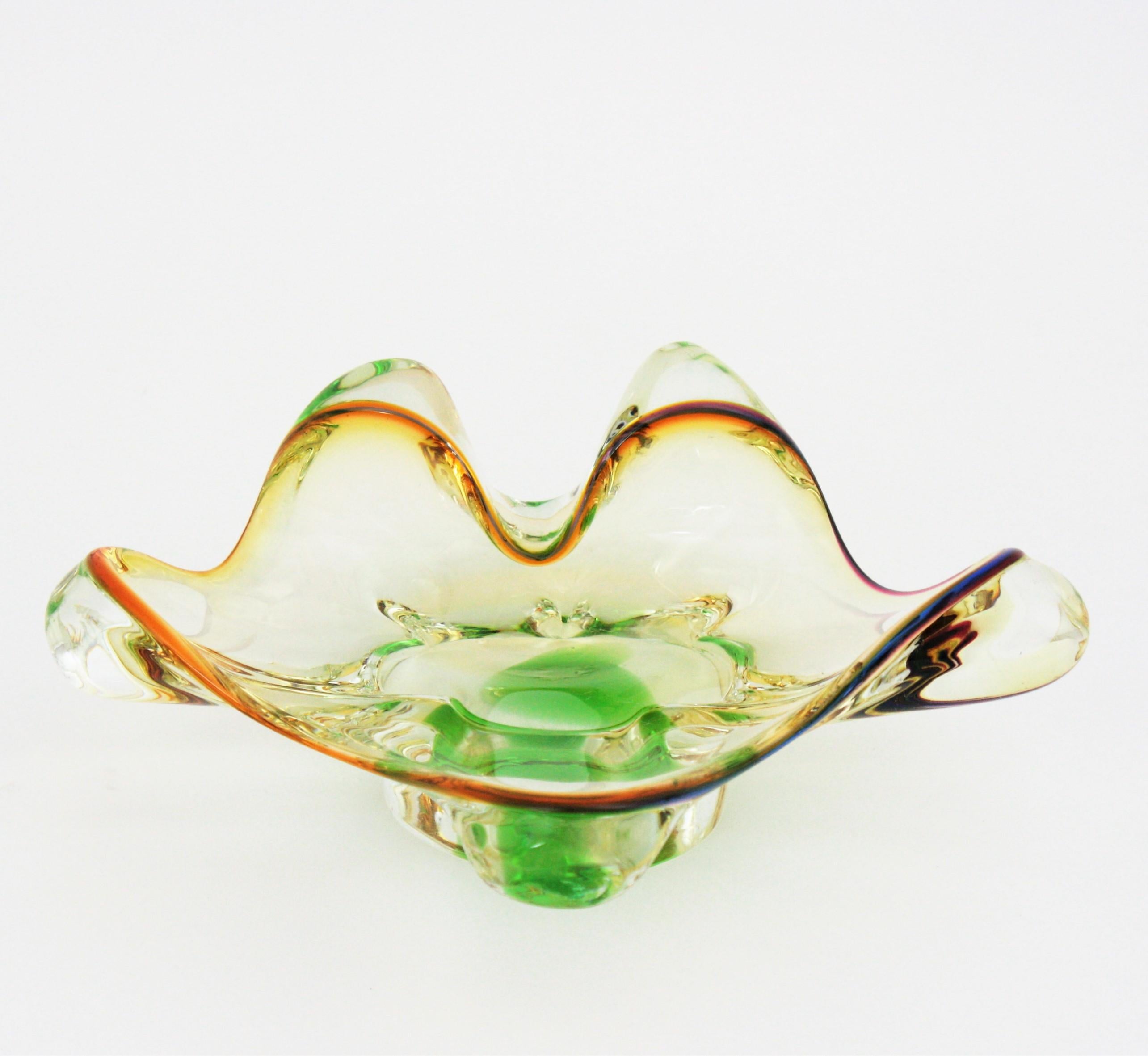 Seguso Murano Sommerso Amber Clear Green Organic Art Glass Bowl For Sale 3