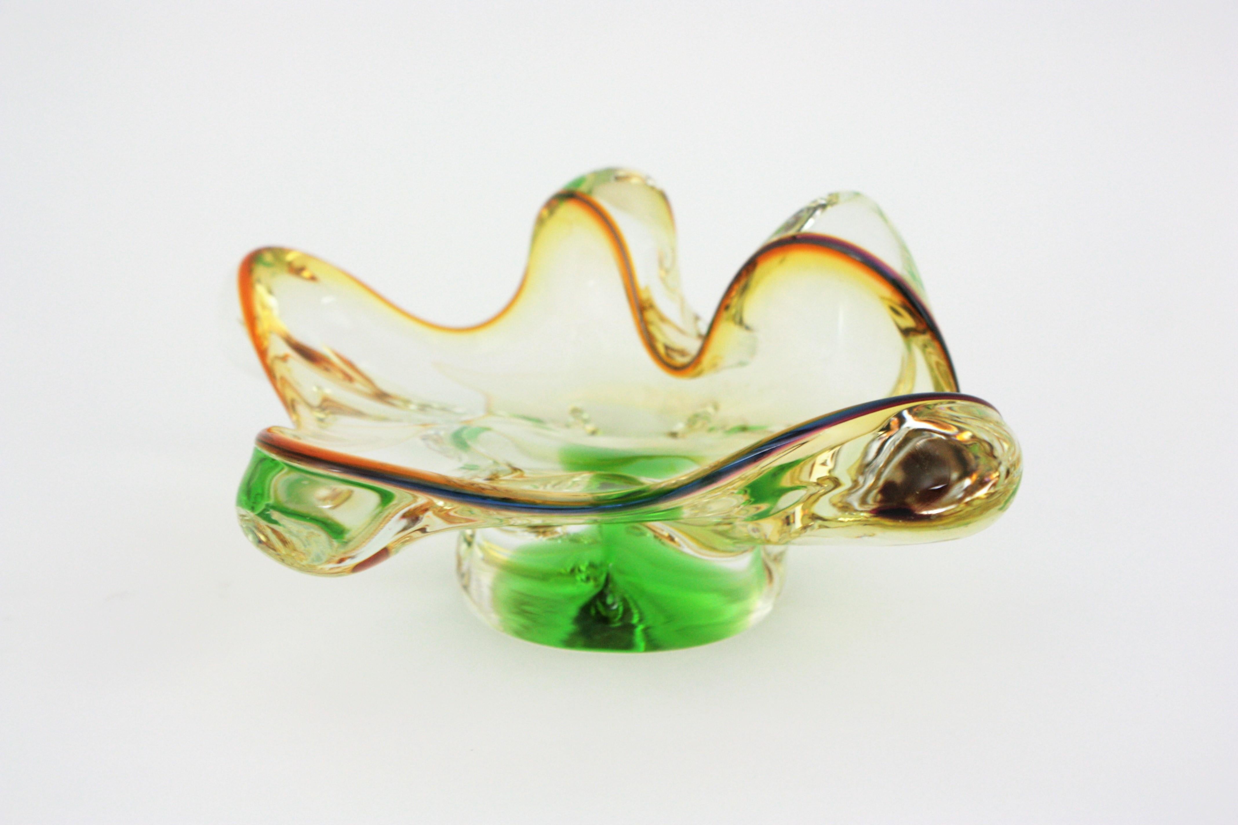 Seguso Murano Sommerso Amber Clear Green Organic Art Glass Bowl For Sale 4