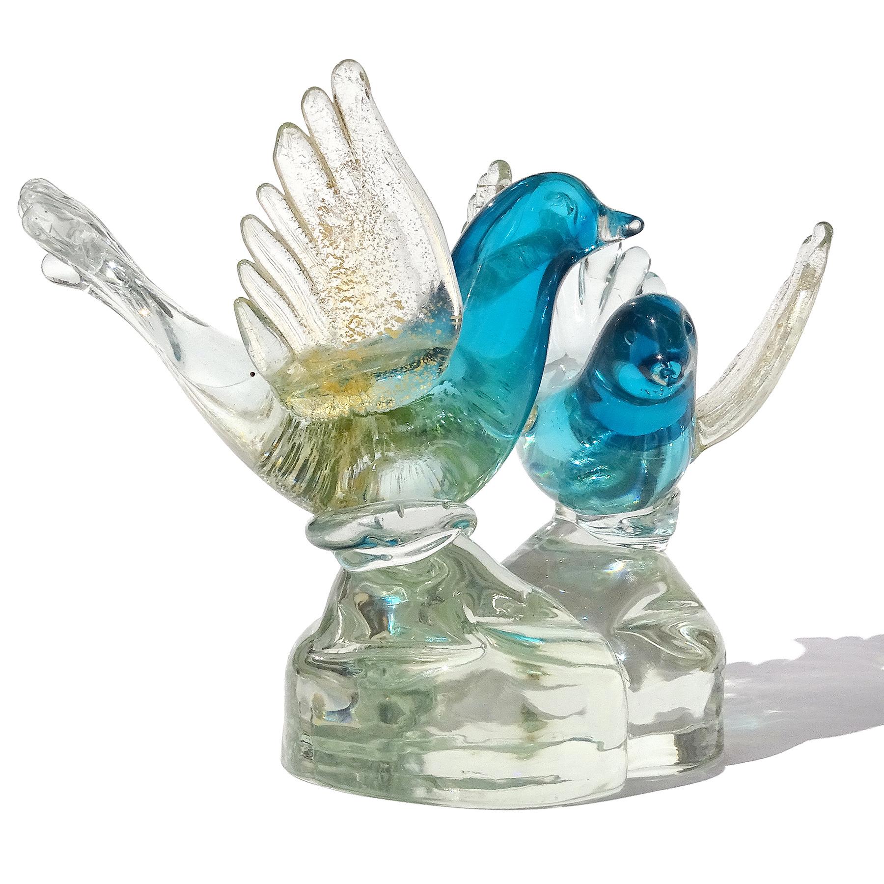 Mid-Century Modern Murano Sommerso Aqua Blue Gold Leaf Italian Art Glass Bird Figures Paperweight For Sale