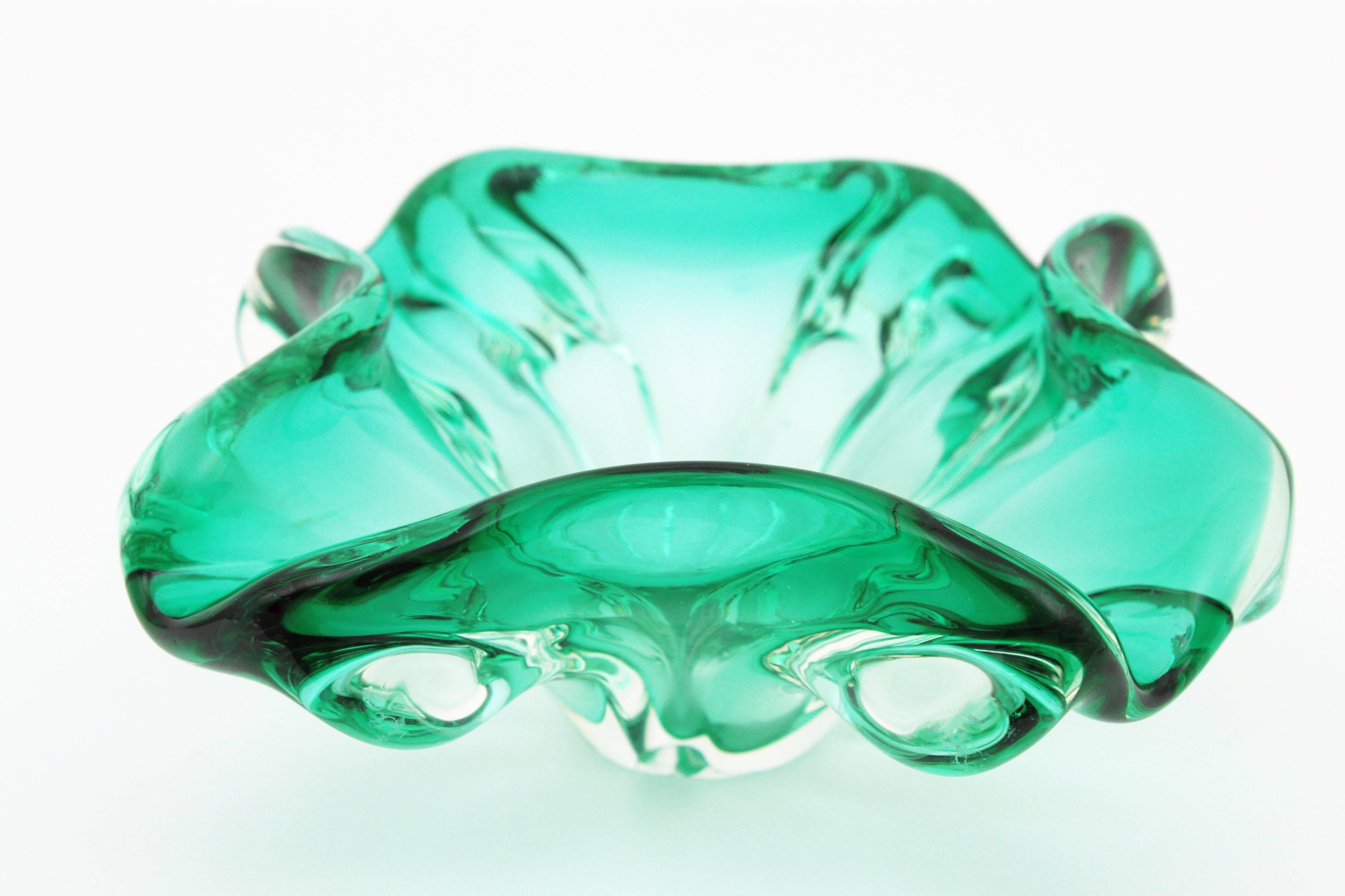 Italian Murano Sommerso Aqua Green Art Glass Bowl, Ashtray or Vide-Poche For Sale