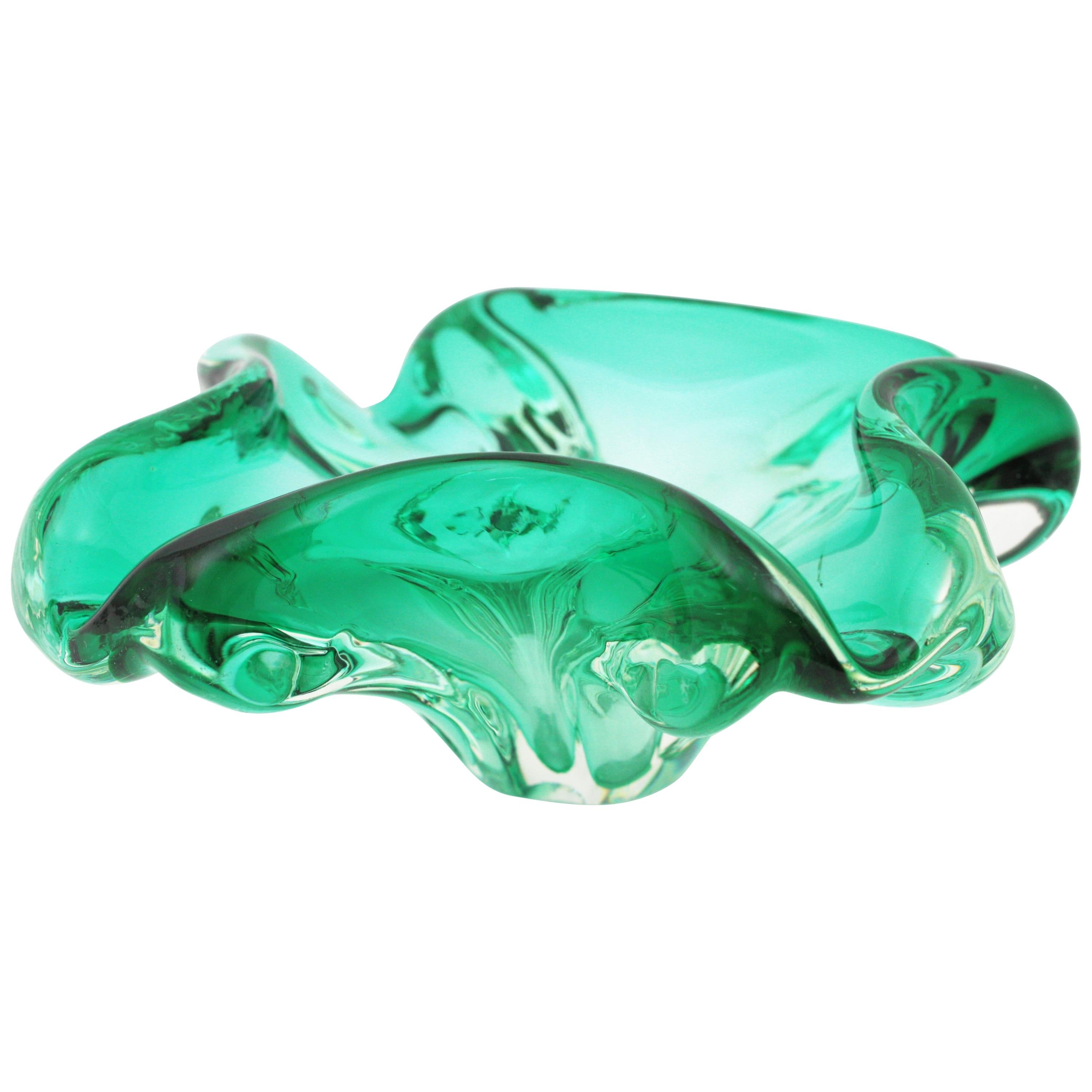 Murano Sommerso Aqua Green Art Glass Bowl, Ashtray or Vide-Poche
