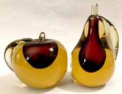 Murano Sommerso Art Glass Apple and Pear Bookends