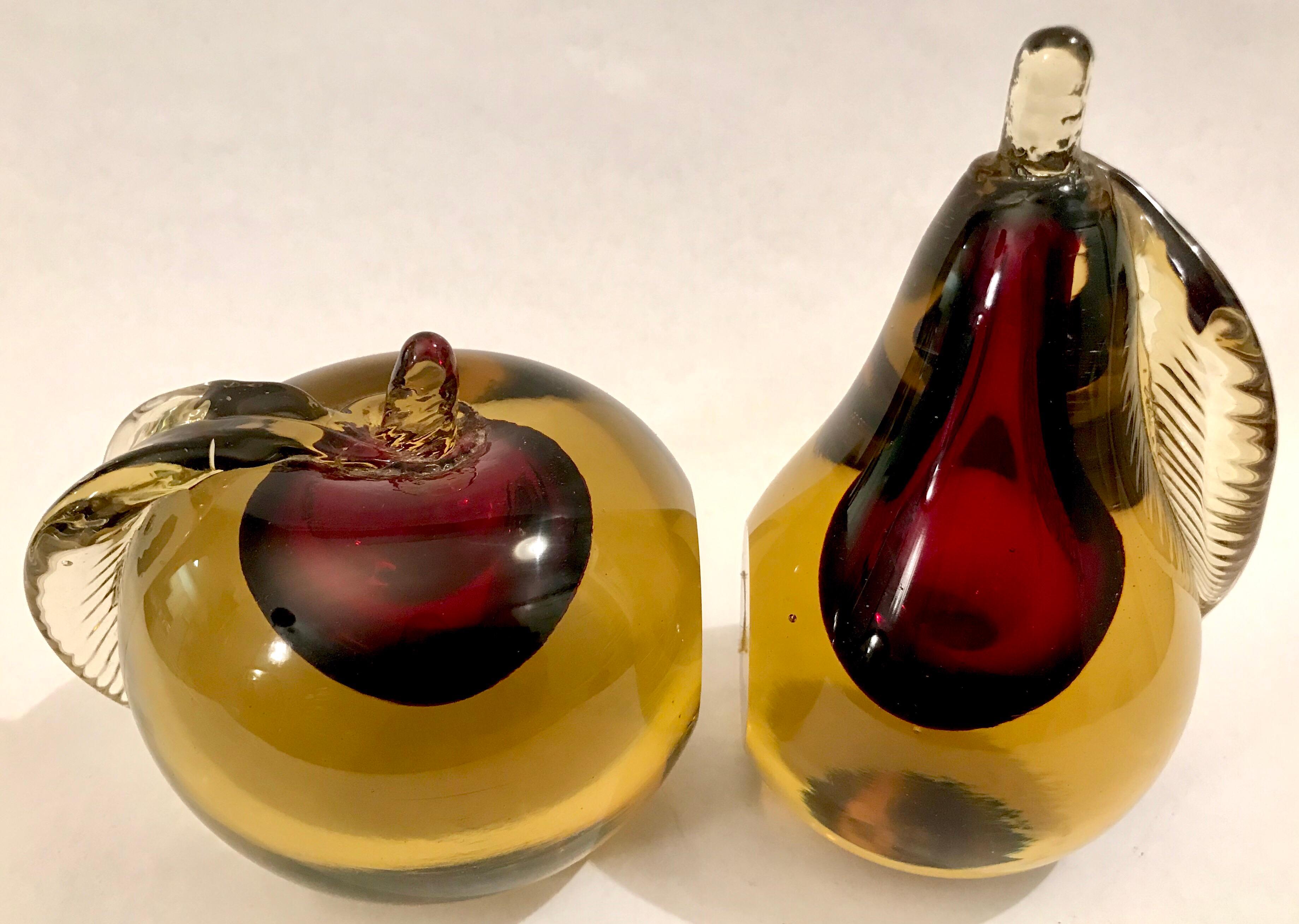 Italian Murano Sommerso Art Glass Apple and Pear Bookends For Sale