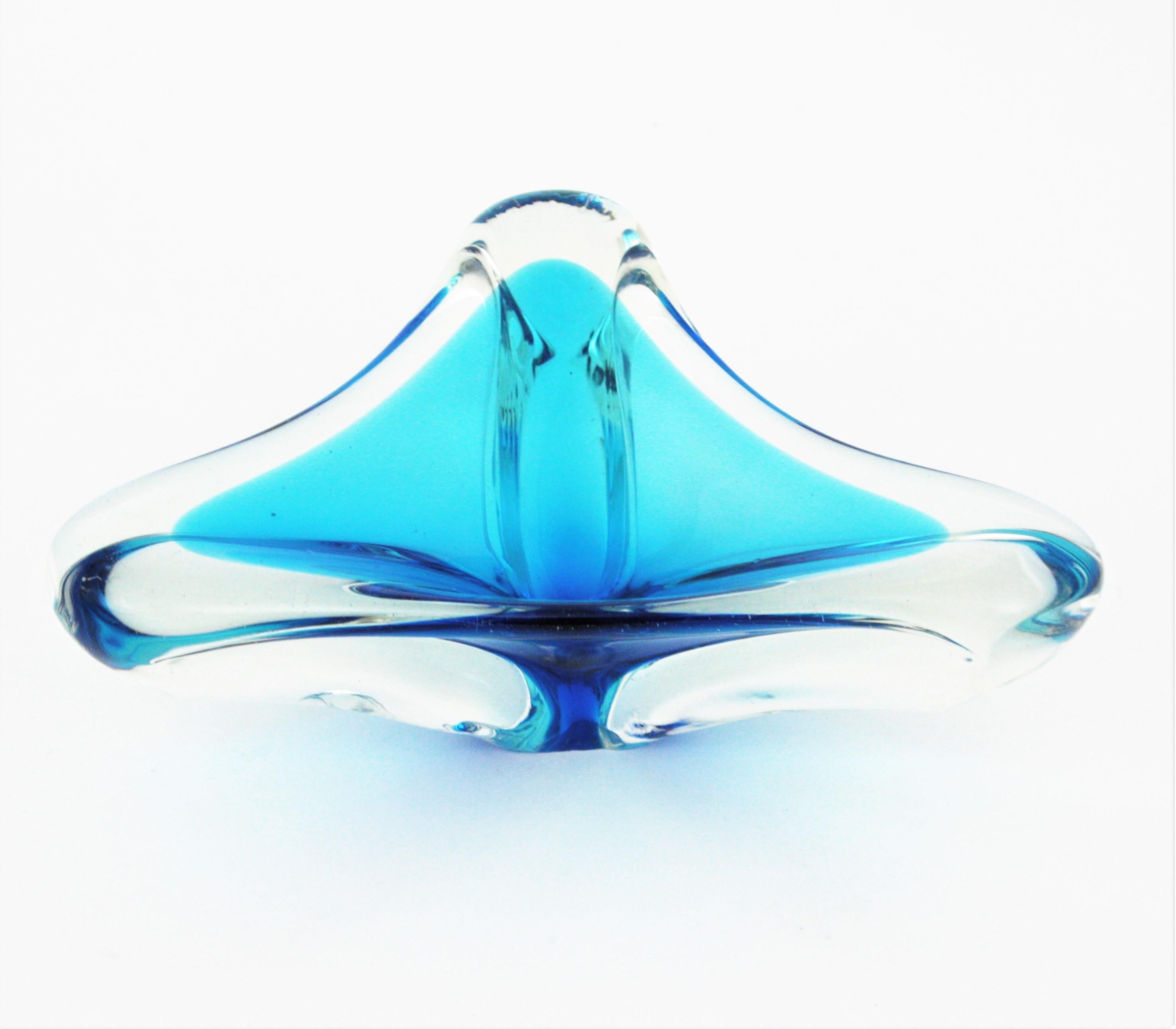 Italian Murano Sommerso Clear and Blue Triangular Art Glass Bowl For Sale