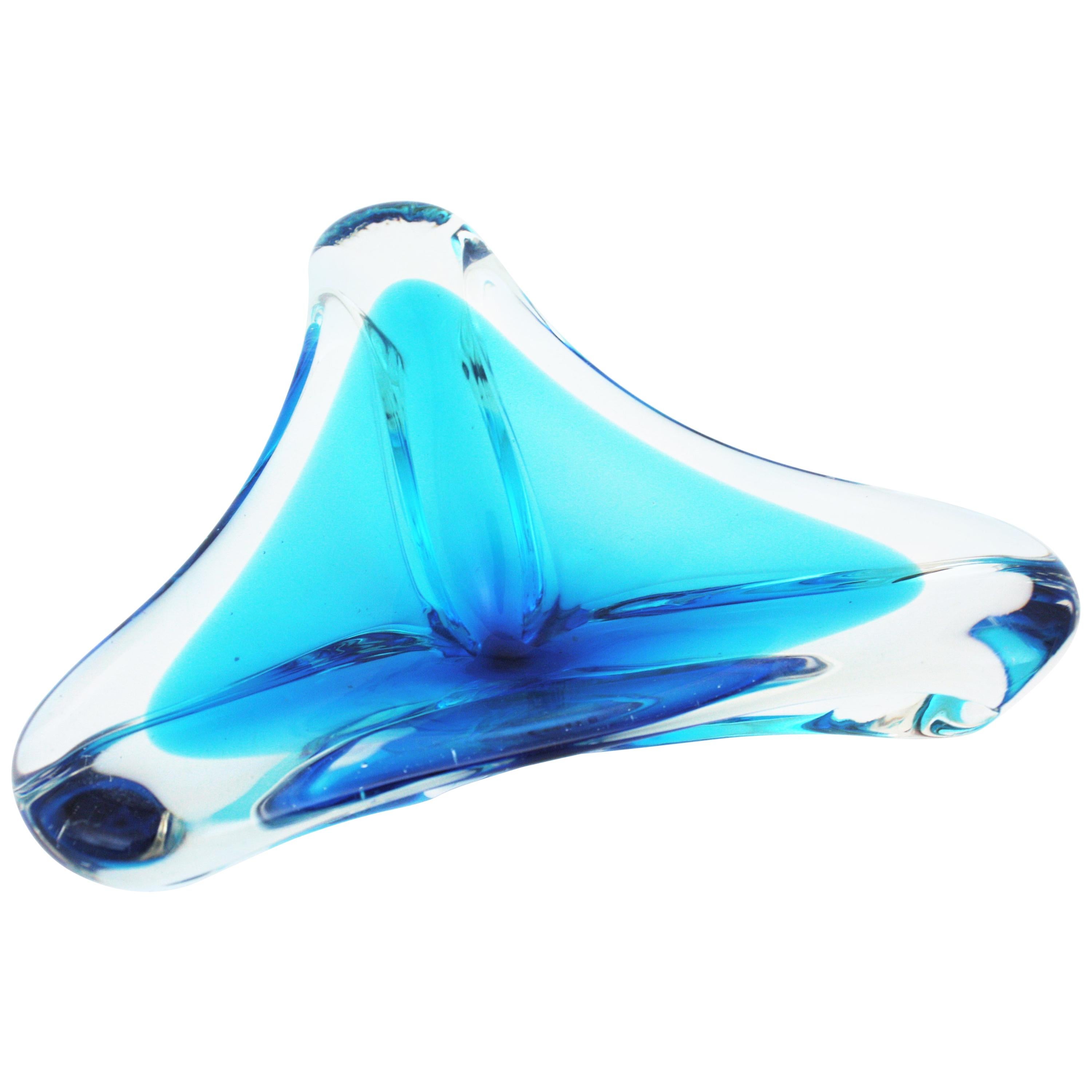 Murano Sommerso Clear and Blue Triangular Art Glass Bowl