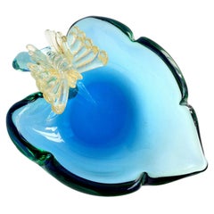 Tazón decorativo de cristal artístico italiano Murano Glass Sommerso Azul Motas Doradas Mariposa