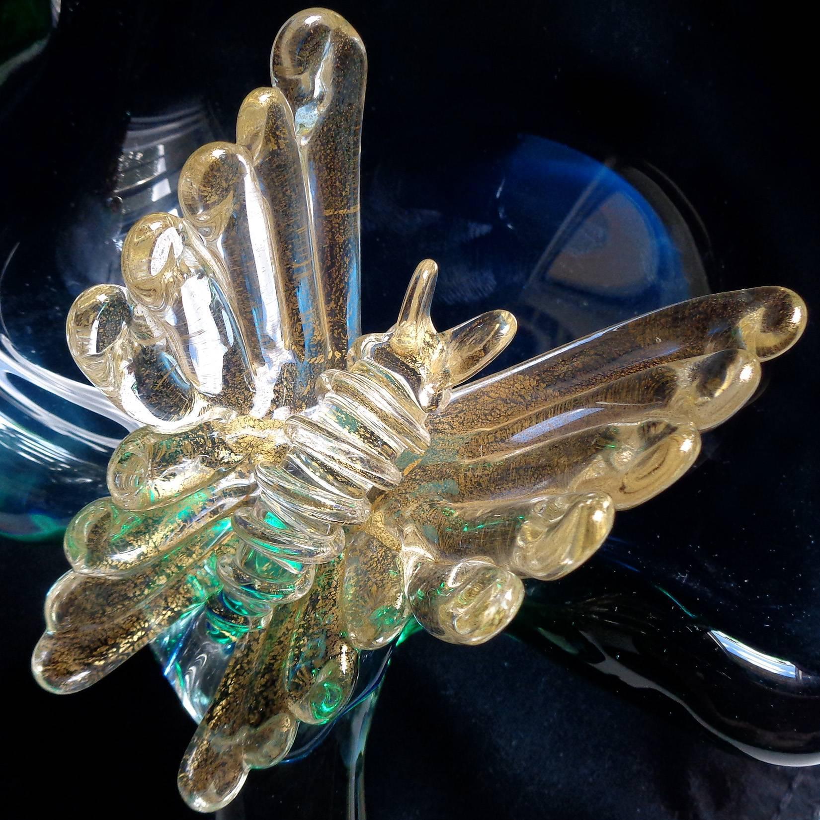 Tazón decorativo de cristal artístico italiano Murano Glass Sommerso Azul Motas Doradas Mariposa Italiano en venta