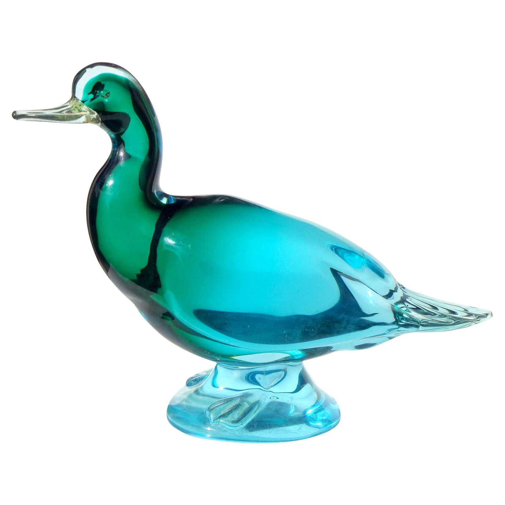 Murano Sommerso Blue Green Gold Italian Art Glass Duck Bird Figure Sculpture In Good Condition In Kissimmee, FL