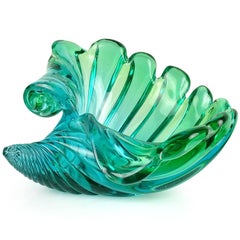 Murano Sommerso Blue Green Italian Art Glass Flared Seashell Sculpture Bowl