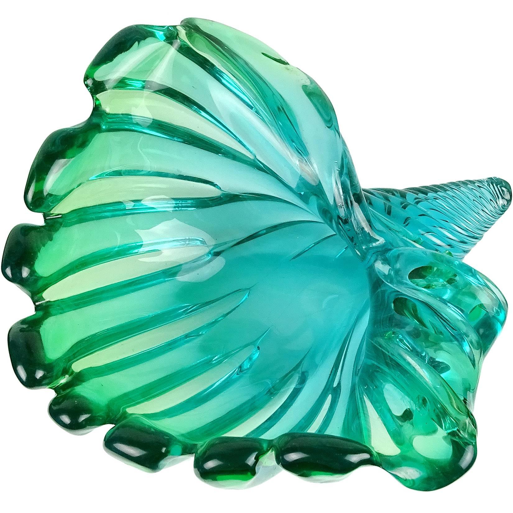Mid-Century Modern Murano Sommerso Blue Green Italian Art Glass Flared Seashell Sculpture Bowl