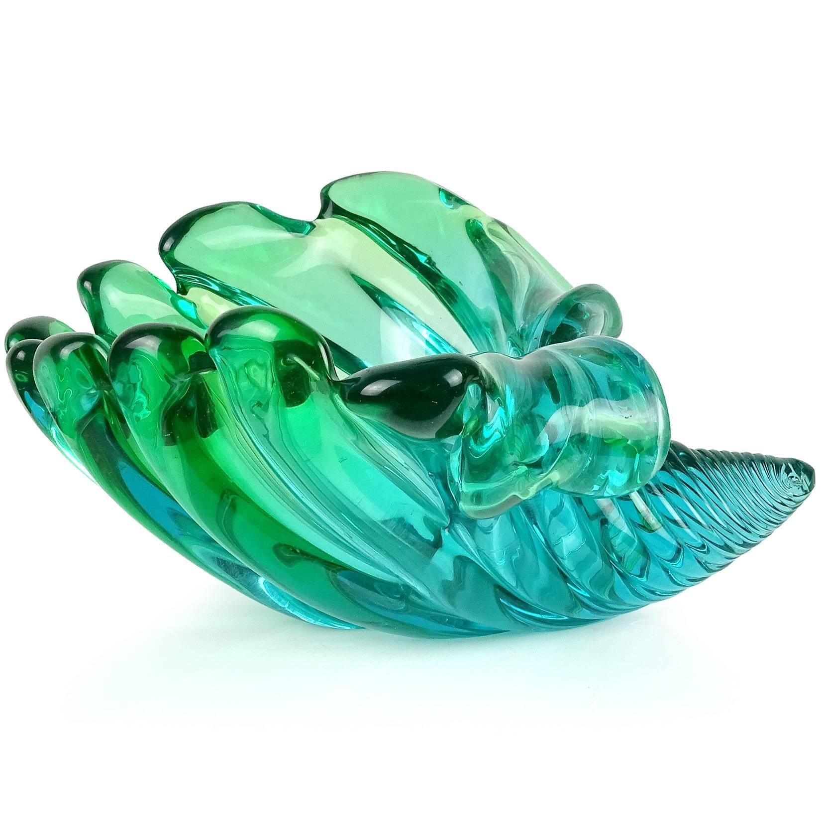 Hand-Crafted Murano Sommerso Blue Green Italian Art Glass Flared Seashell Sculpture Bowl