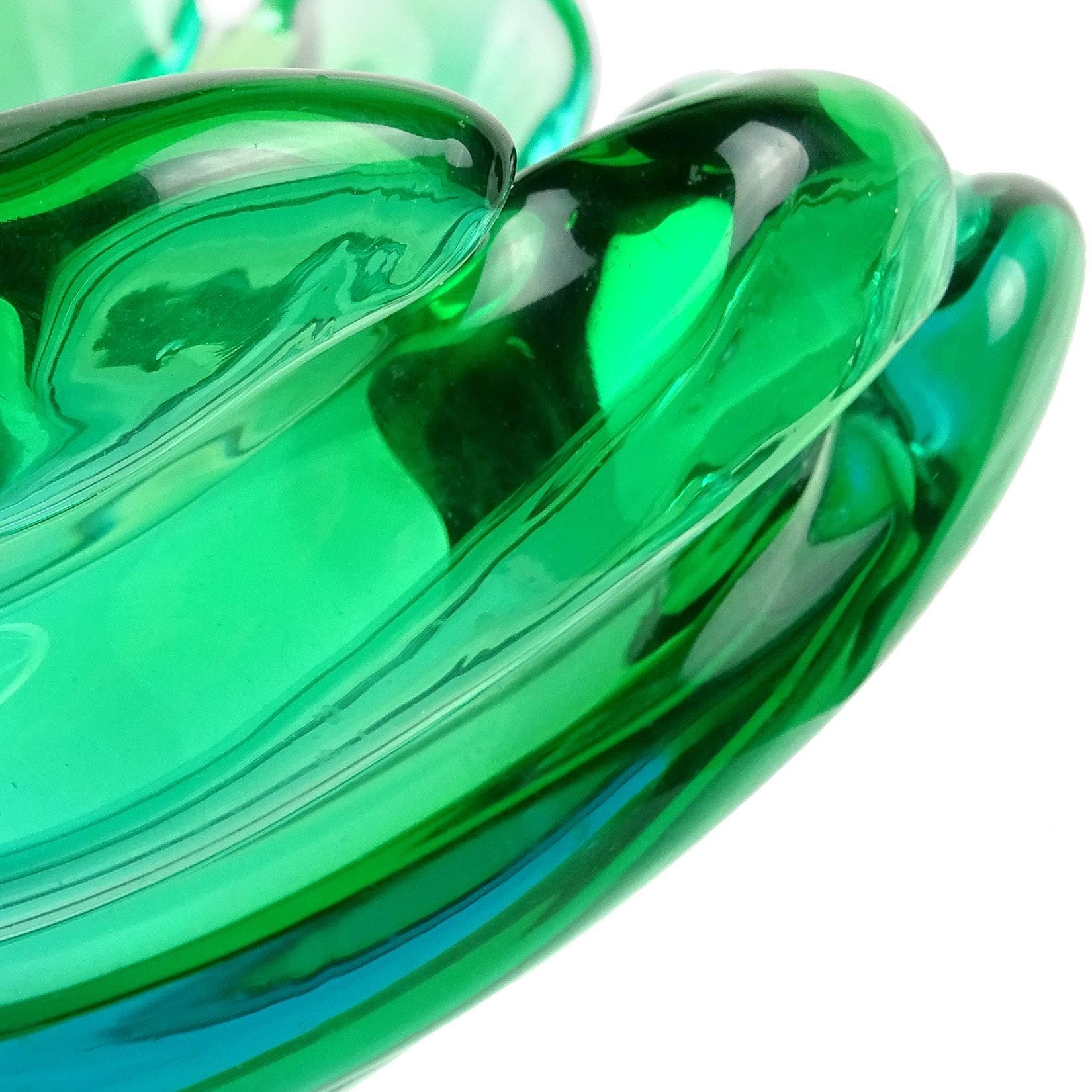 20th Century Murano Sommerso Blue Green Italian Art Glass Flared Seashell Sculpture Bowl