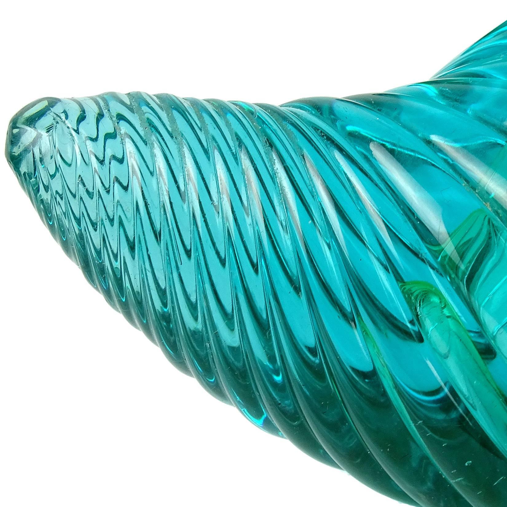 Murano Sommerso Blue Green Italian Art Glass Flared Seashell Sculpture Bowl 1