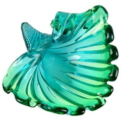 Murano Sommerso Blue Green Italian Art Glass Flared Seashell Sculpture Bowl