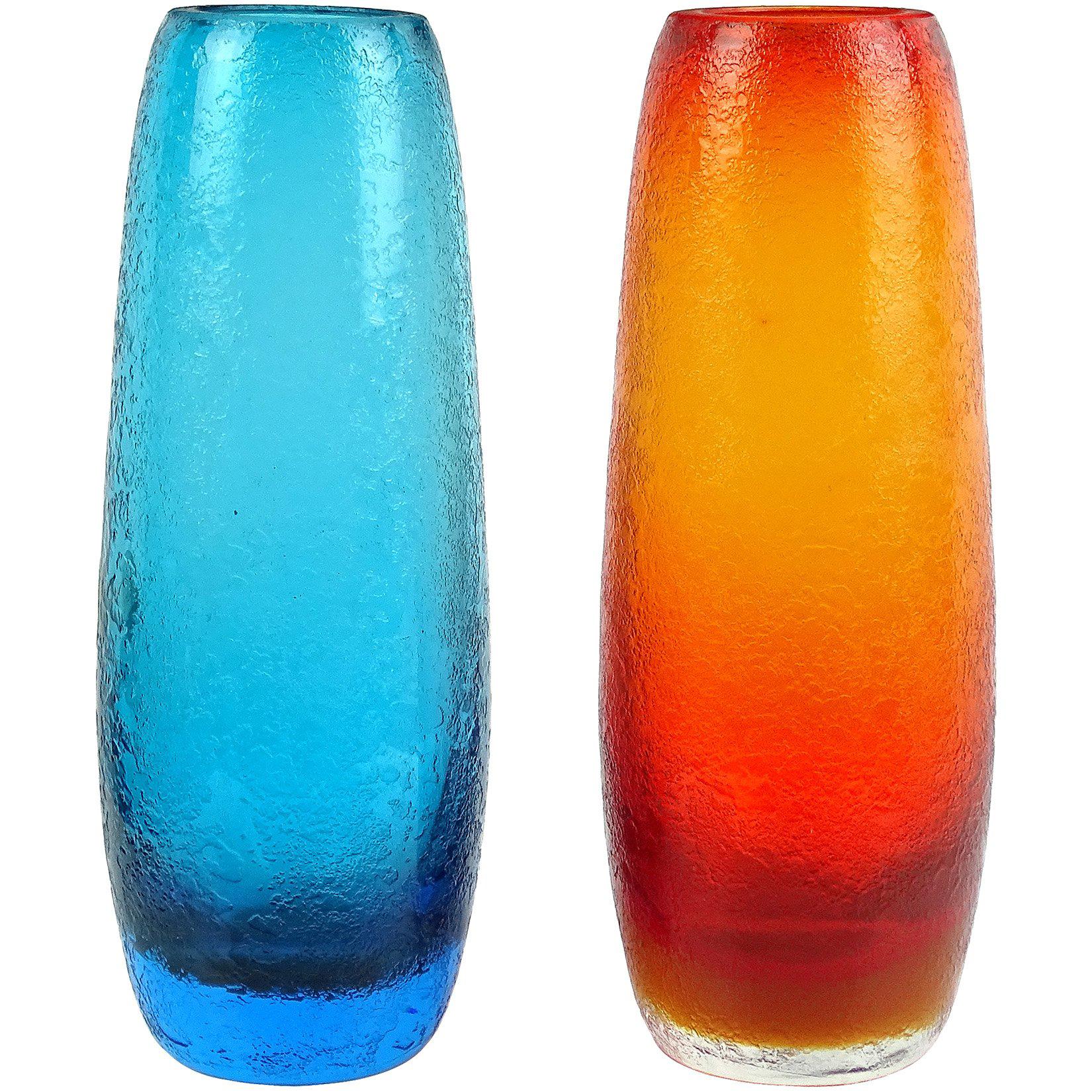 Murano Sommerso Blue Orange Corroso Surface Italian Art Glass Flower