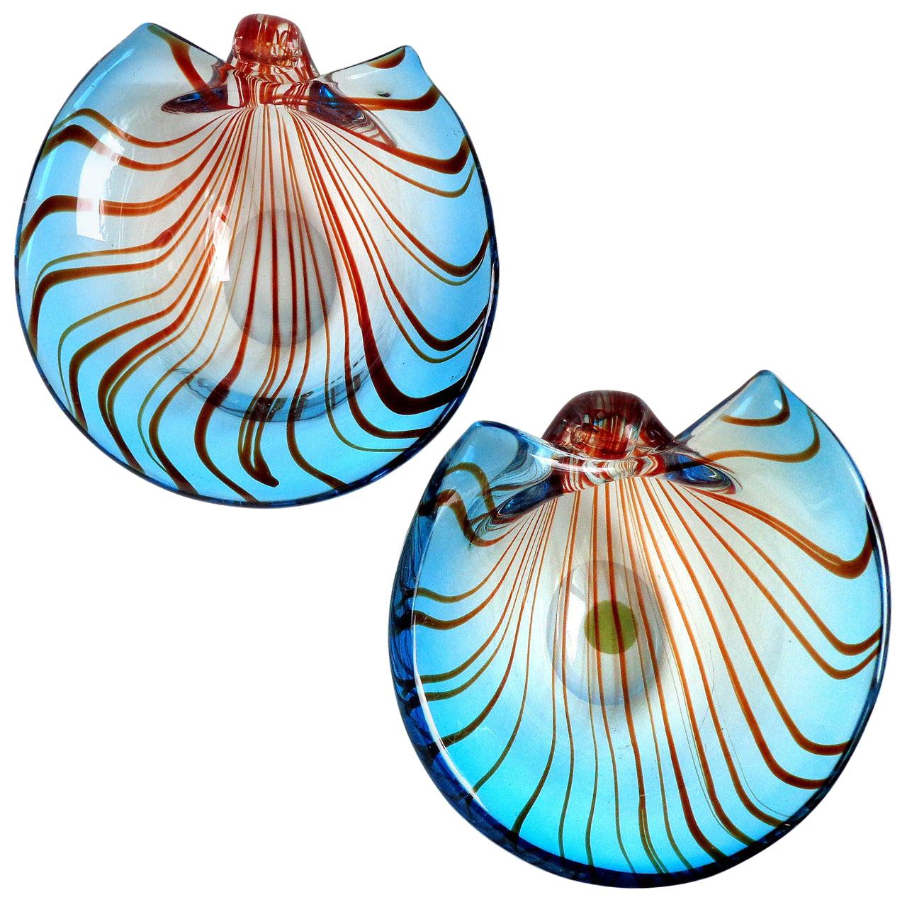 Murano Sommerso Blue Red Stripes 1956 Italian Art Glass Coastal Seashell Bowls