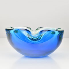Murano Sommerso Blue & Uranium Art Glass Geode Bowl Dish by Flavio Poli