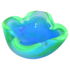 Murano Sommerso Blue 
Uranium Art Glass Geode Bowl Dish by Flavio Poli
