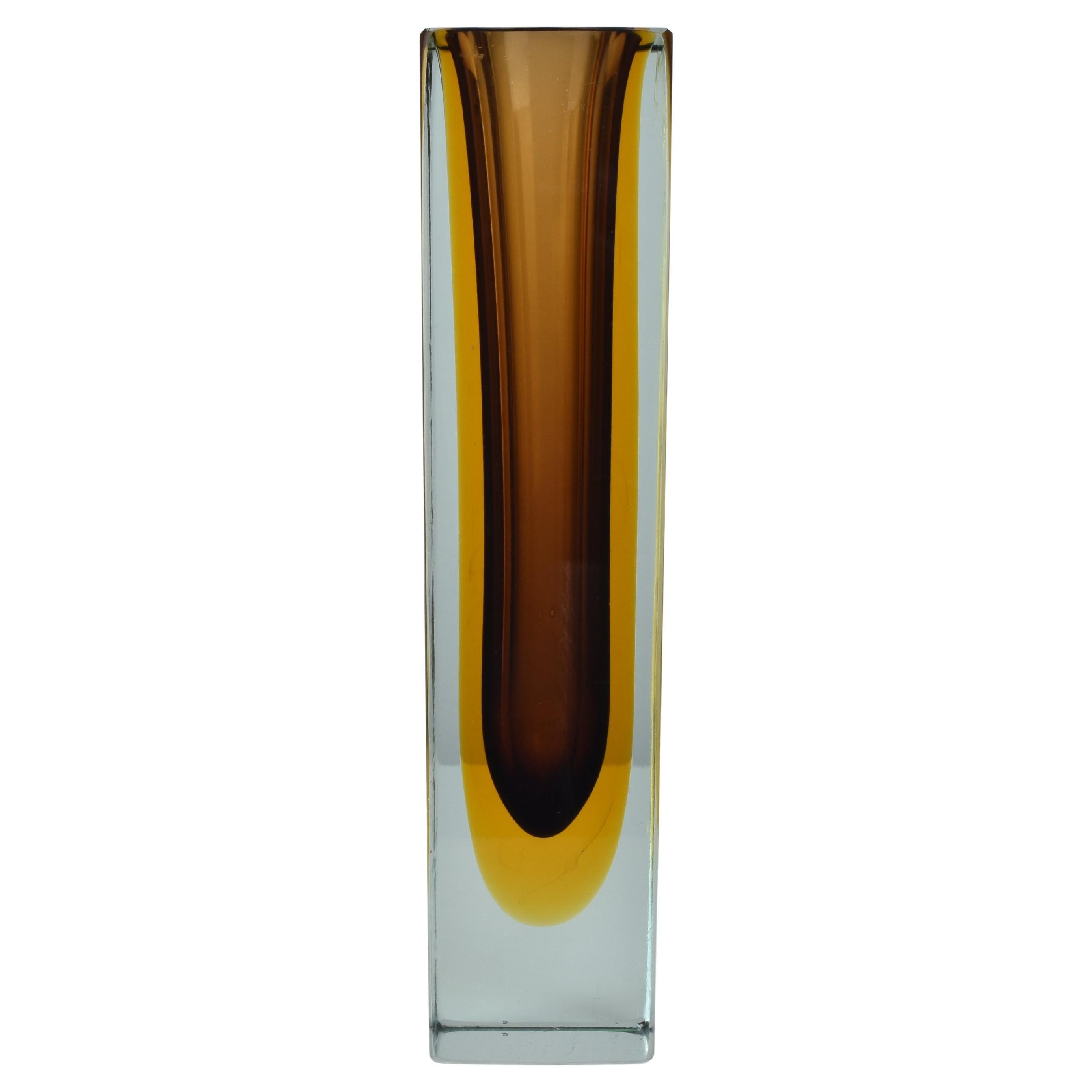 Murano Sommerso Brown, Amber & Aquamarine Block Vase by Flavio Poli, 1960s