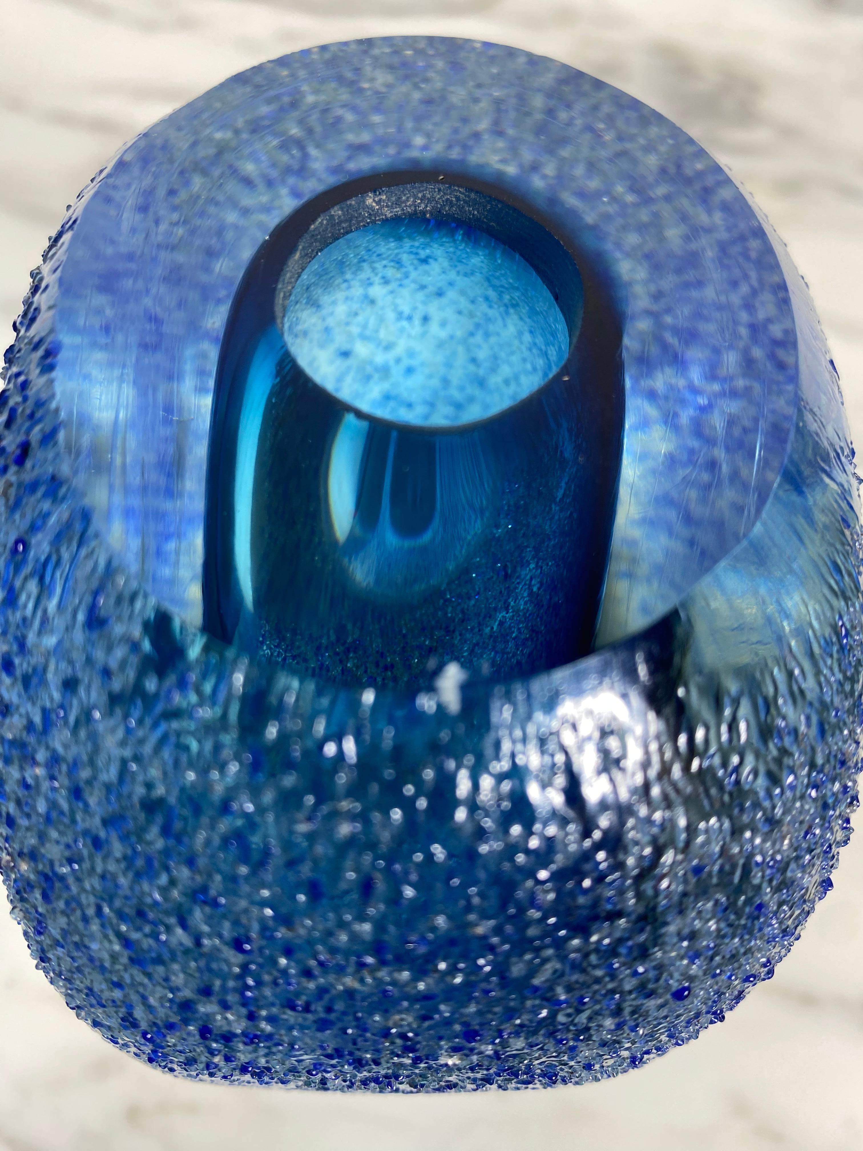 Italian Murano Sommerso Cobalt and Azure BlueTextured Glass Vase For Sale