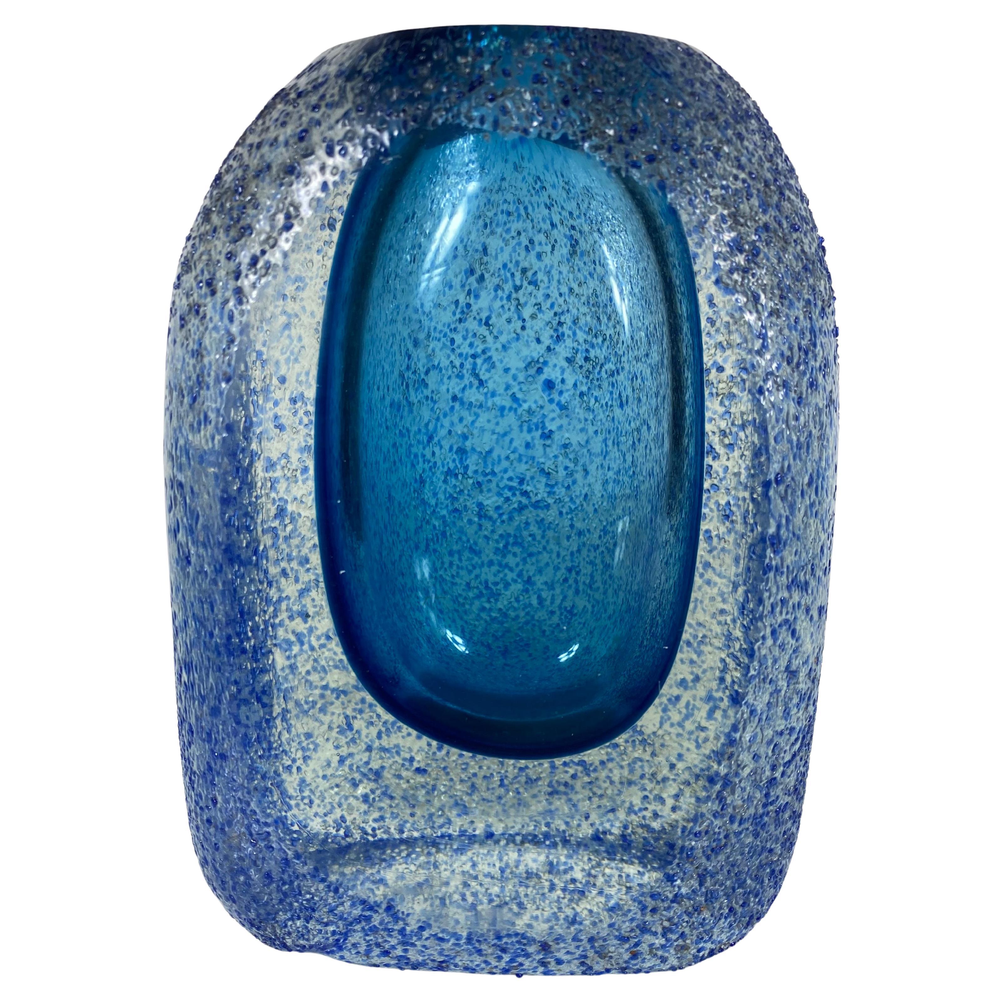 Murano Sommerso Cobalt and Azure BlueTextured Glass Vase For Sale