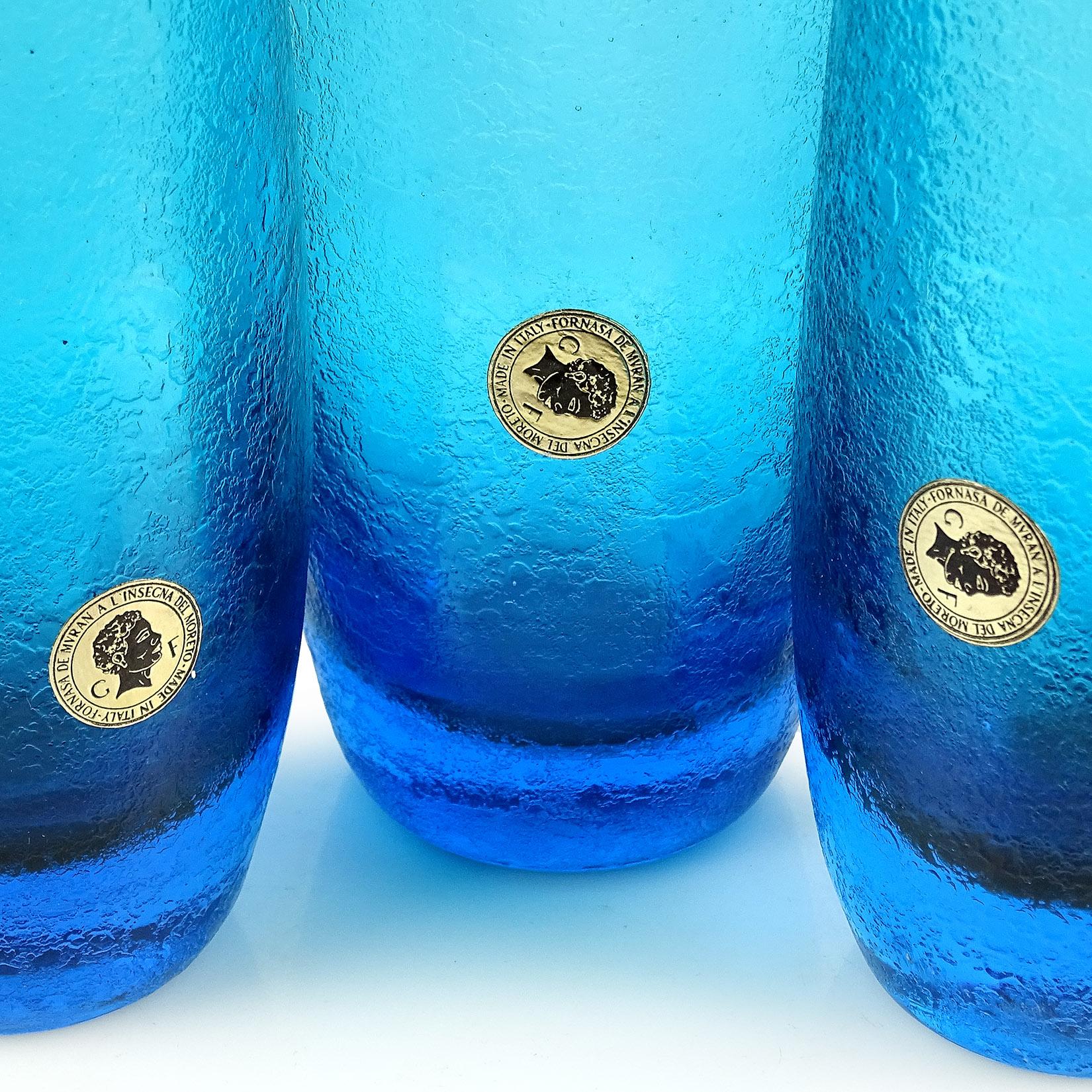 Mid-Century Modern Murano Sommerso Cobalt Blue Corroso Surface Italian Art Glass Flower Vases