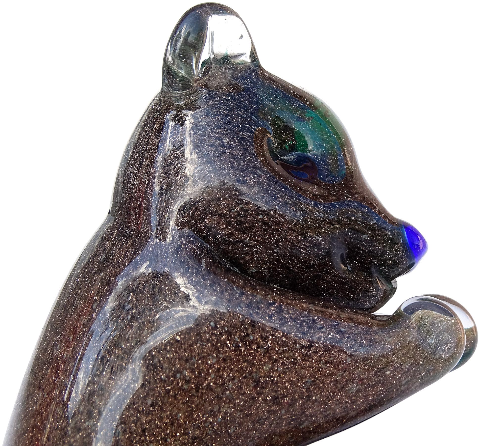 Murano Sommerso Cobre Aventurina Azul Verde Escultura italiana de vidrio artístico Oso Hecho a mano en venta
